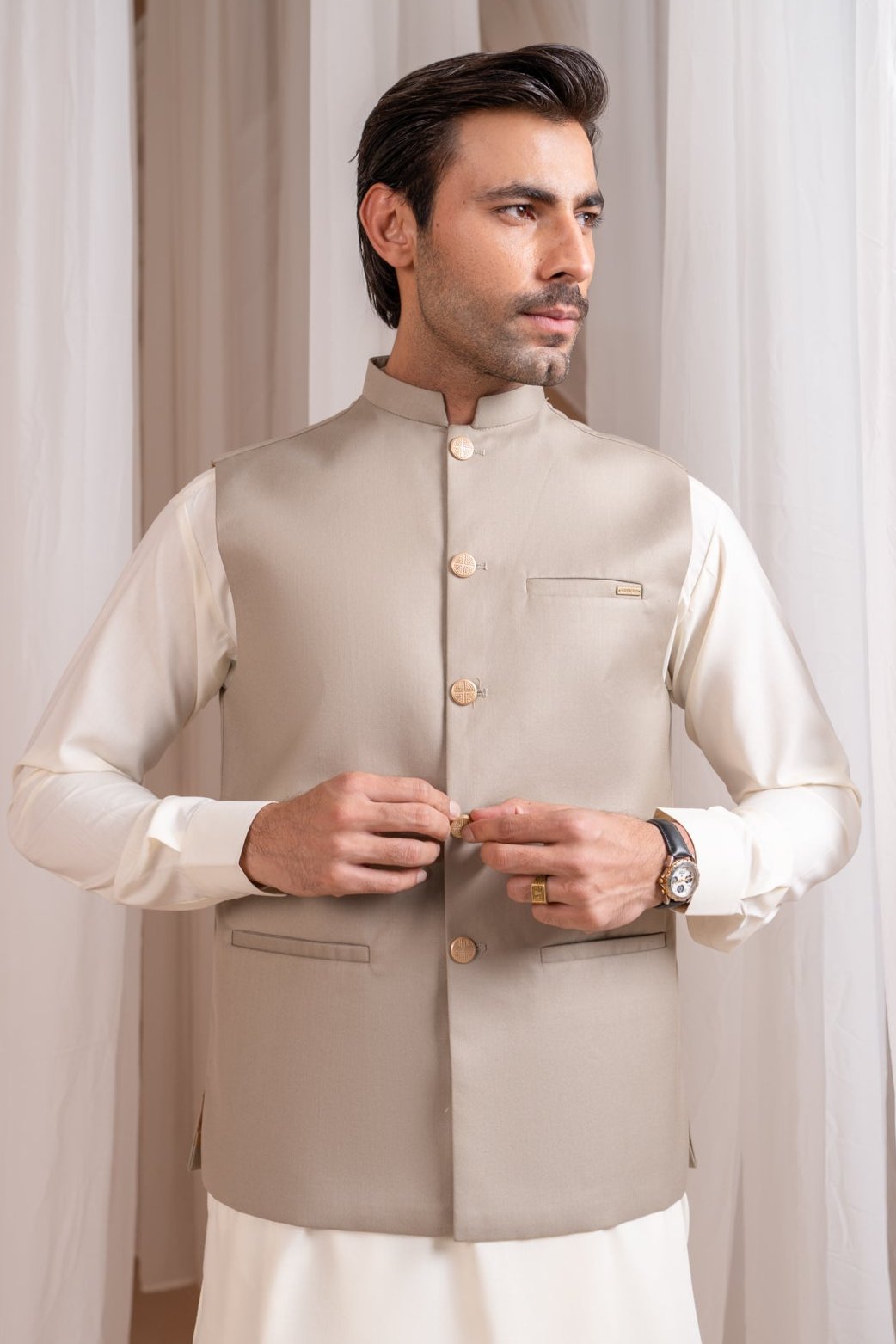 Beige Suiting Straight-Cut Waistcoat (3-Piece) - Image 1