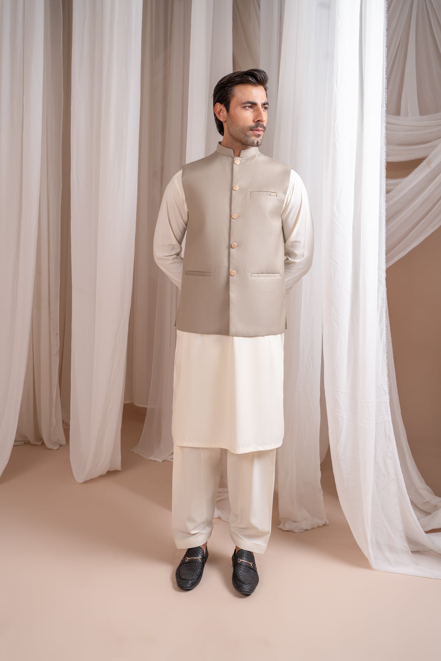 Beige Suiting Straight-Cut Waistcoat (3-Piece) - Image 2