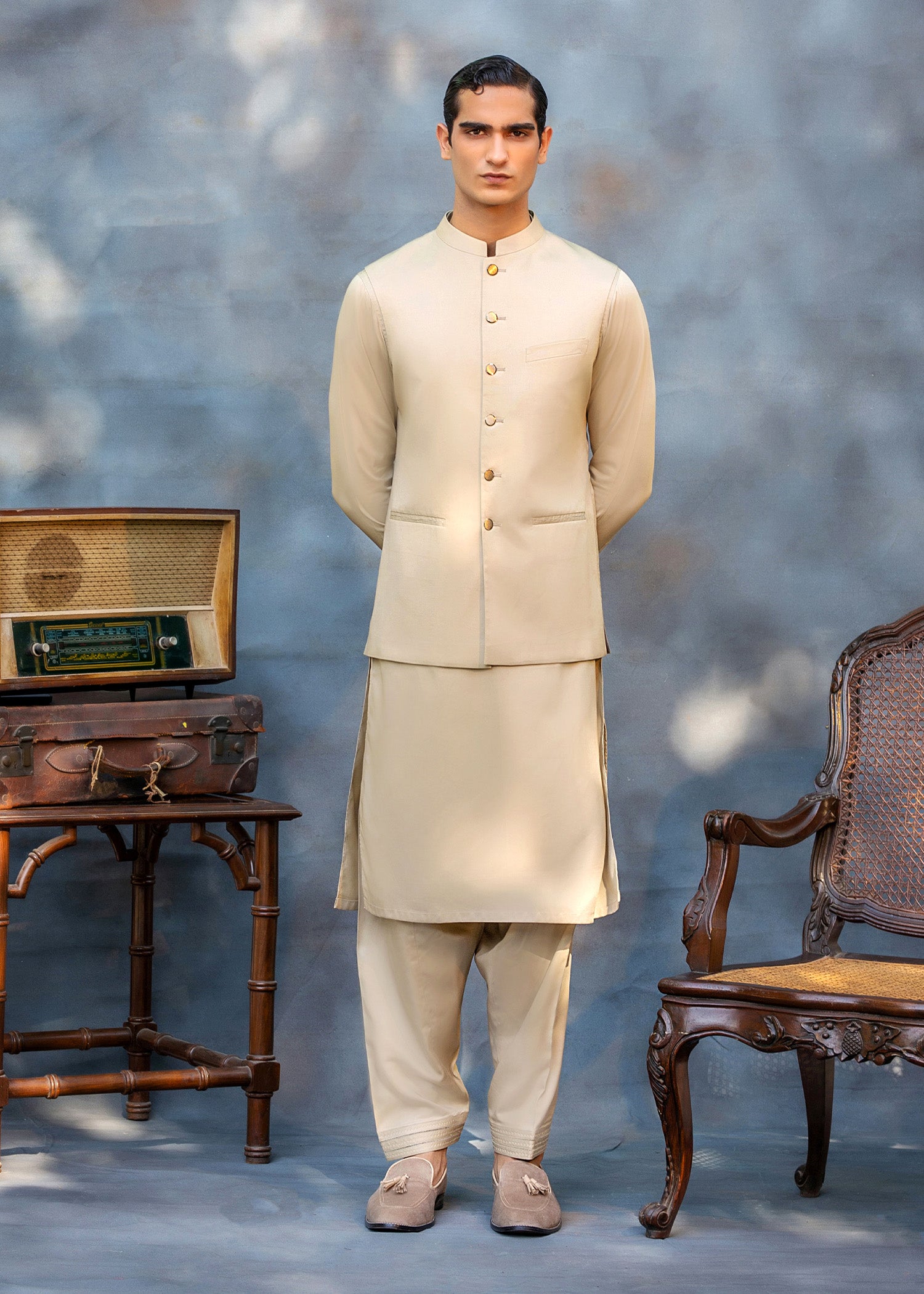 Camel Beige Blind-Stitched Premium Suiting Waistcoat Kurta (3-Piece) - Image 1
