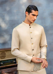 Camel Beige Blind-Stitched Premium Suiting Waistcoat Kurta (3-Piece) - Image 3