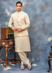 Camel Beige Blind-Stitched Premium Suiting Waistcoat Kurta (3-Piece) - Image 4