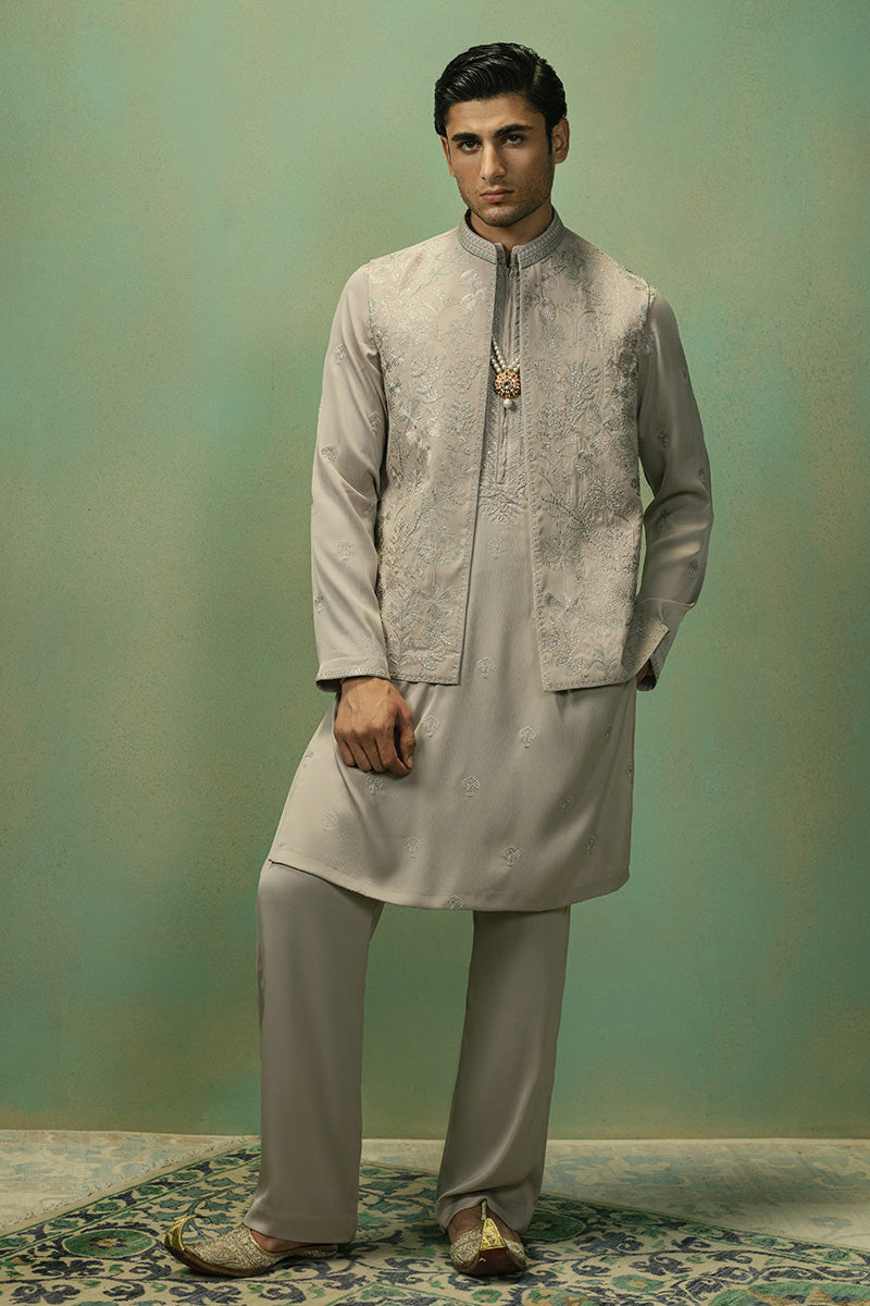Pastel Beige Tilla Embroidered Tropical Blend Waistcoat Kurta (3-Piece) - Image 1