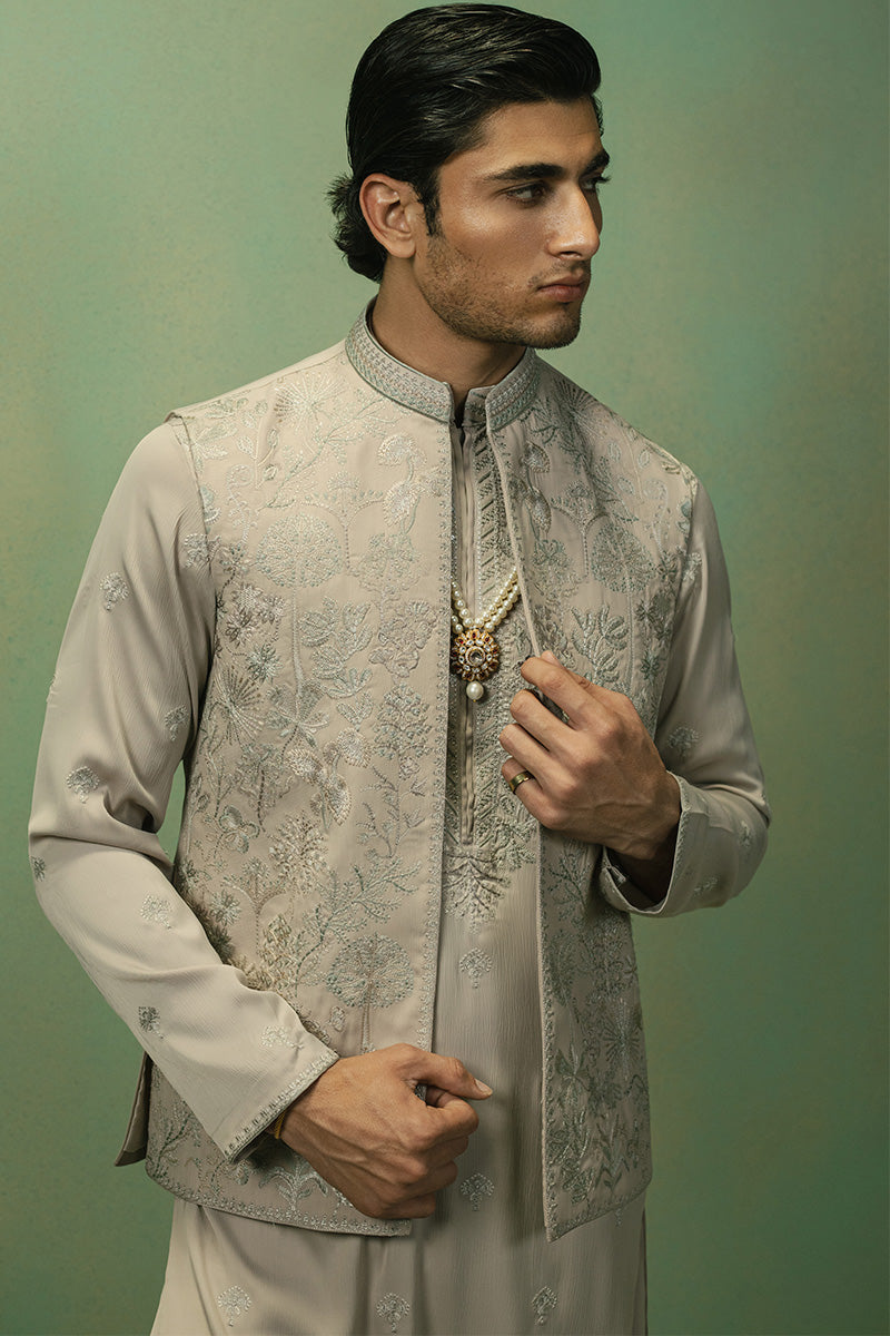 Pastel Beige Tilla Embroidered Tropical Blend Waistcoat Kurta (3-Piece) - Image 2