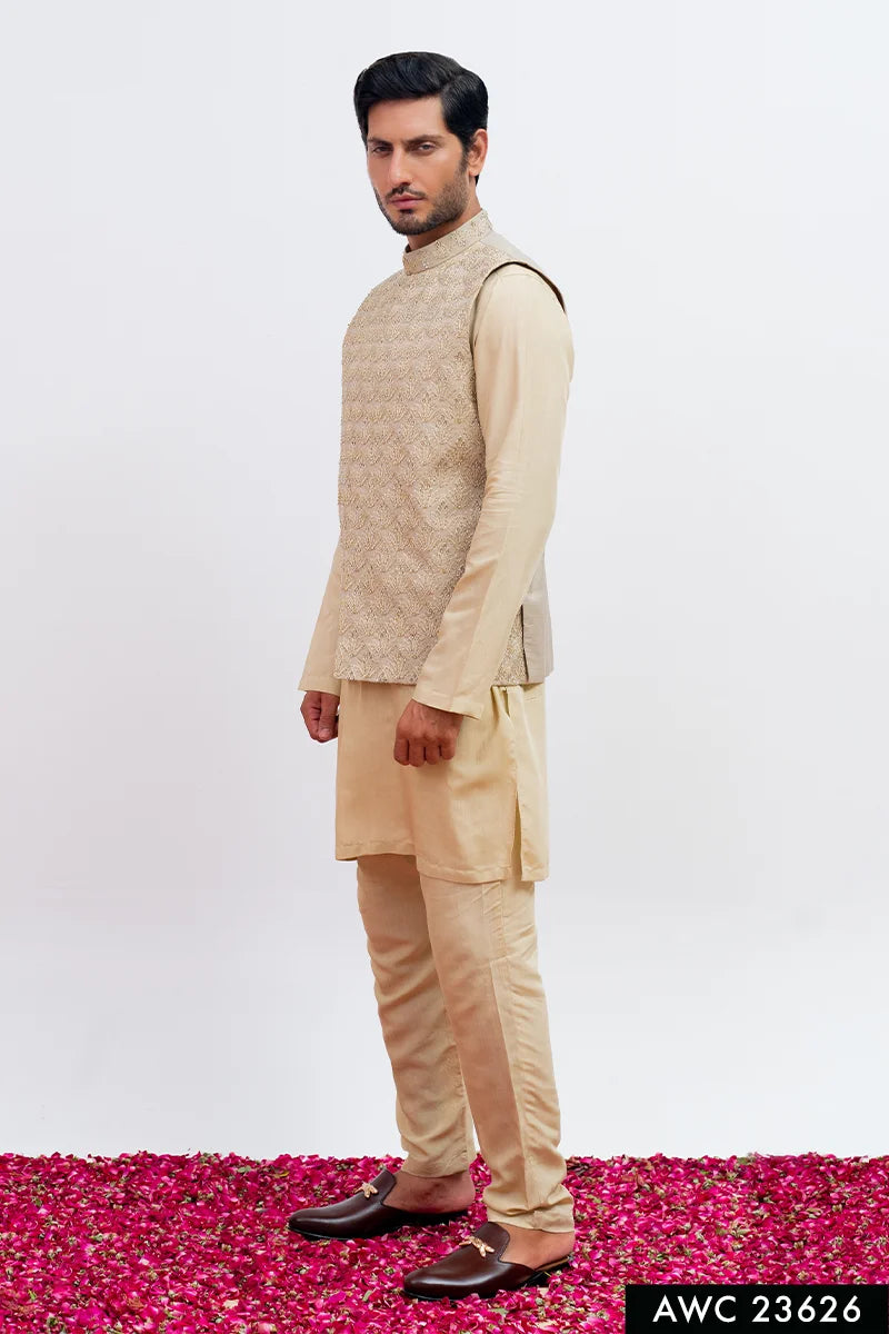 Taupe Embroidered Viscose Waistcoat Kurta (3-Piece) - Image 1