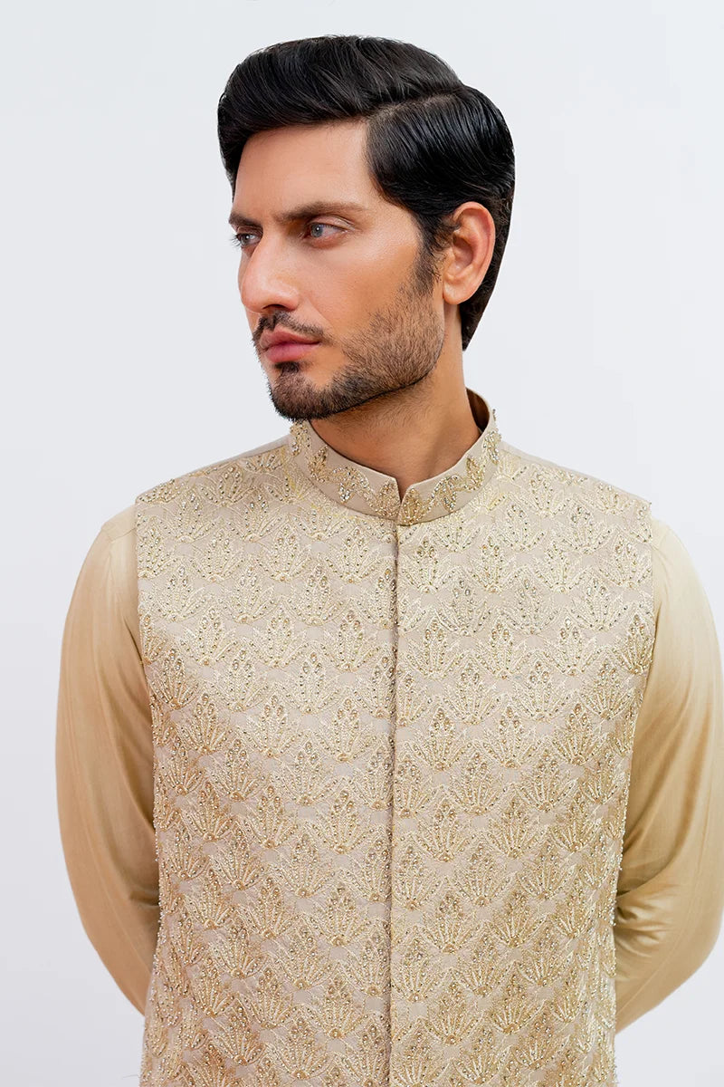 Taupe Embroidered Viscose Waistcoat Kurta (3-Piece) - Image 3