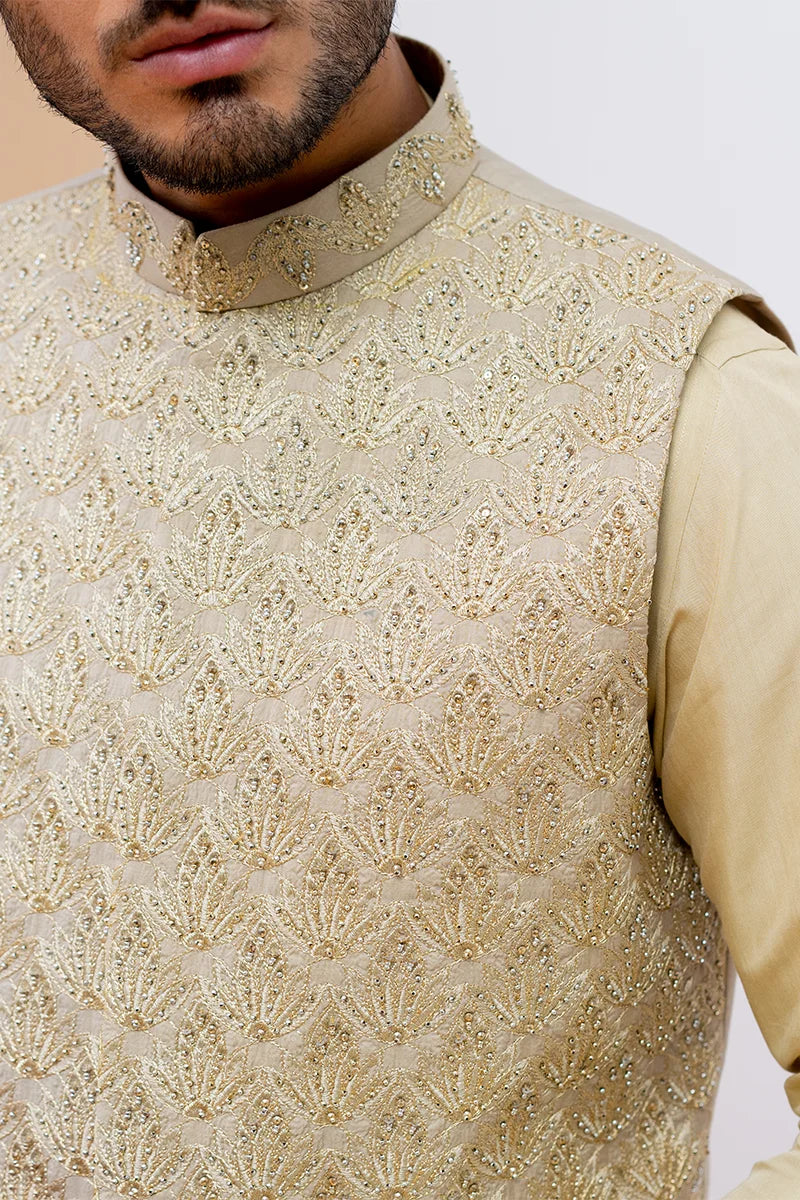 Taupe Embroidered Viscose Waistcoat Kurta (3-Piece) - Image 4