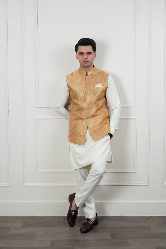 Beige Zari Jamawar Waistcoat Kurta Pajama (3-Piece) - Image 1