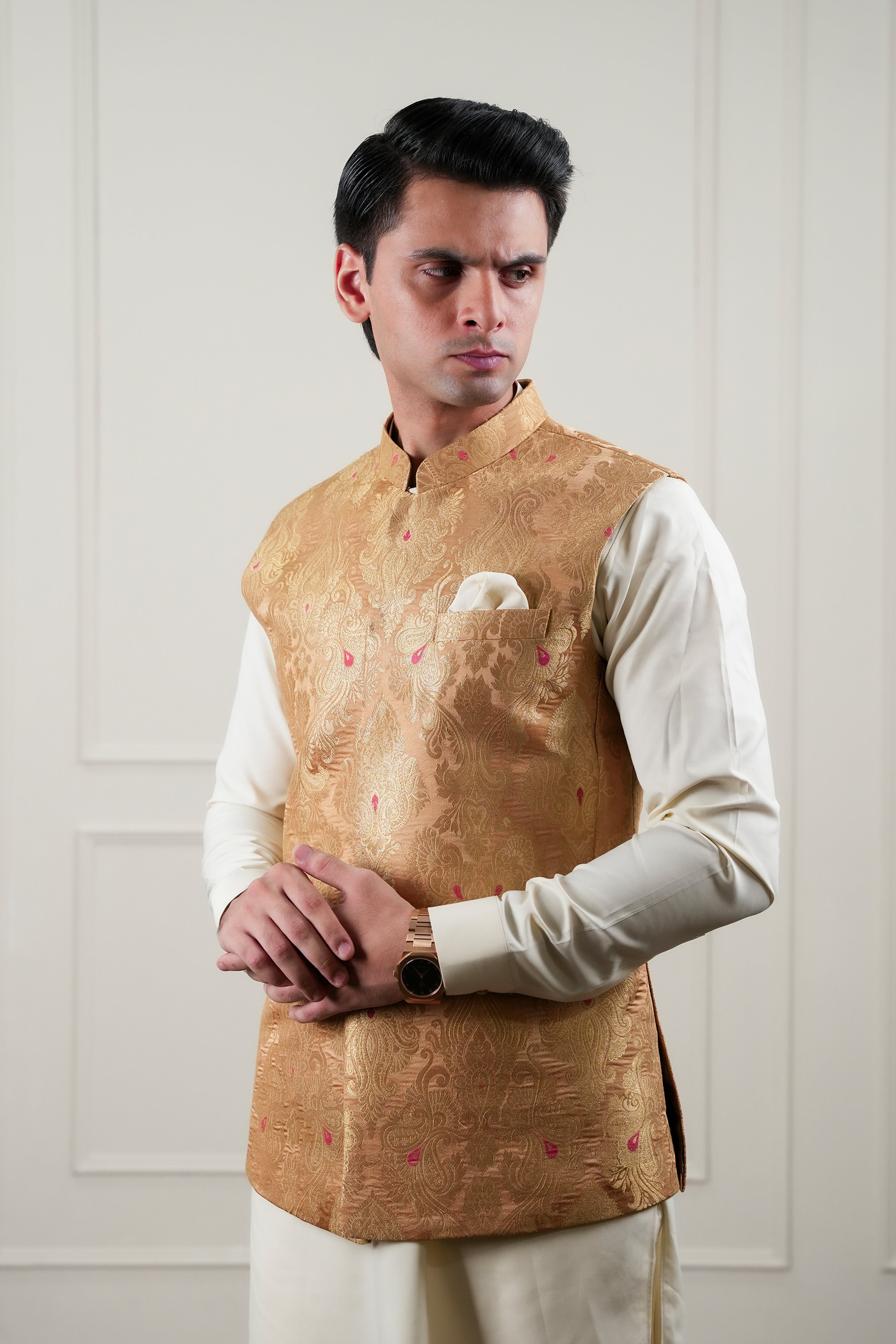 Beige Zari Jamawar Waistcoat Kurta Pajama (3-Piece) - Image 3
