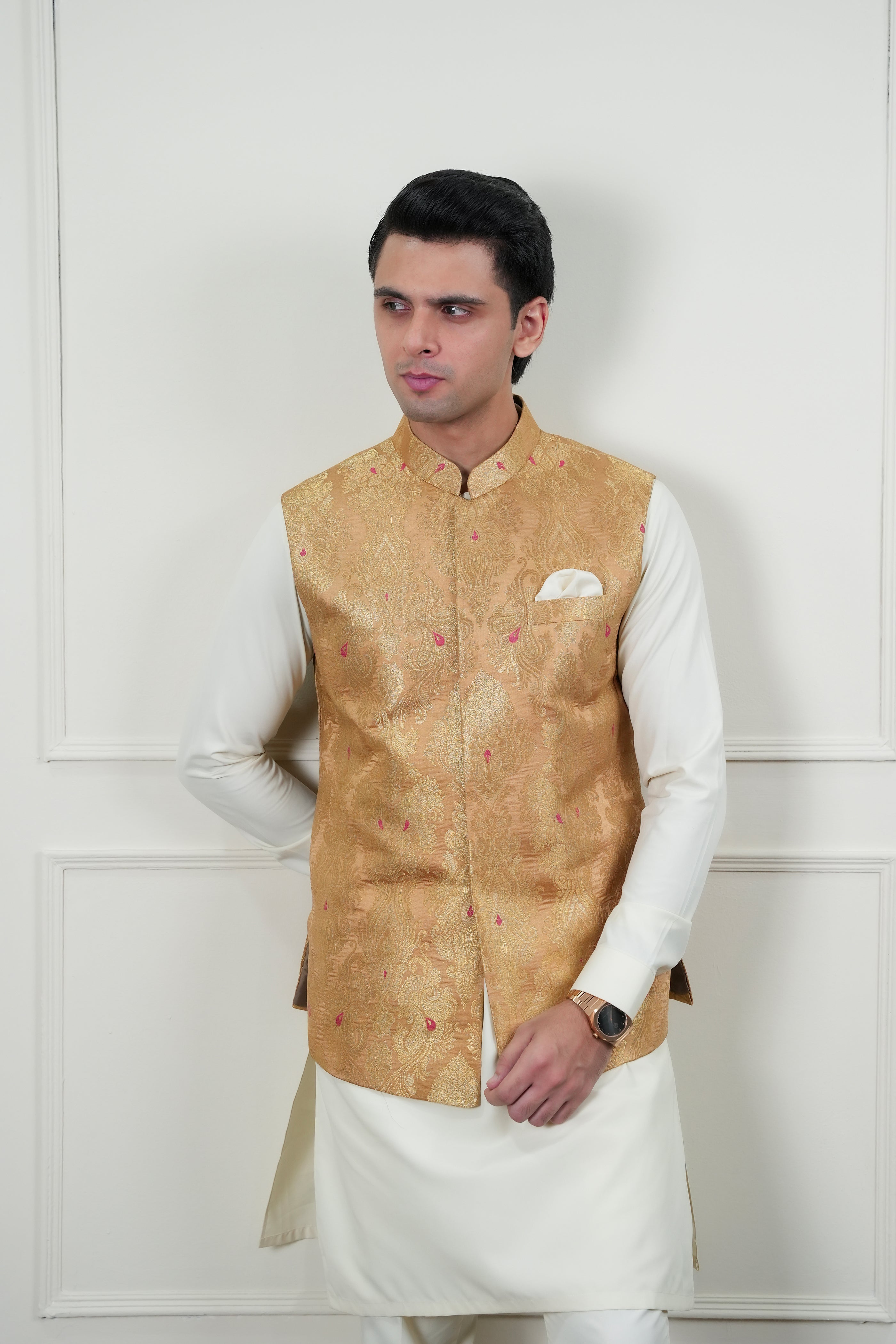 Beige Zari Jamawar Waistcoat Kurta Pajama (3-Piece) - Image 5