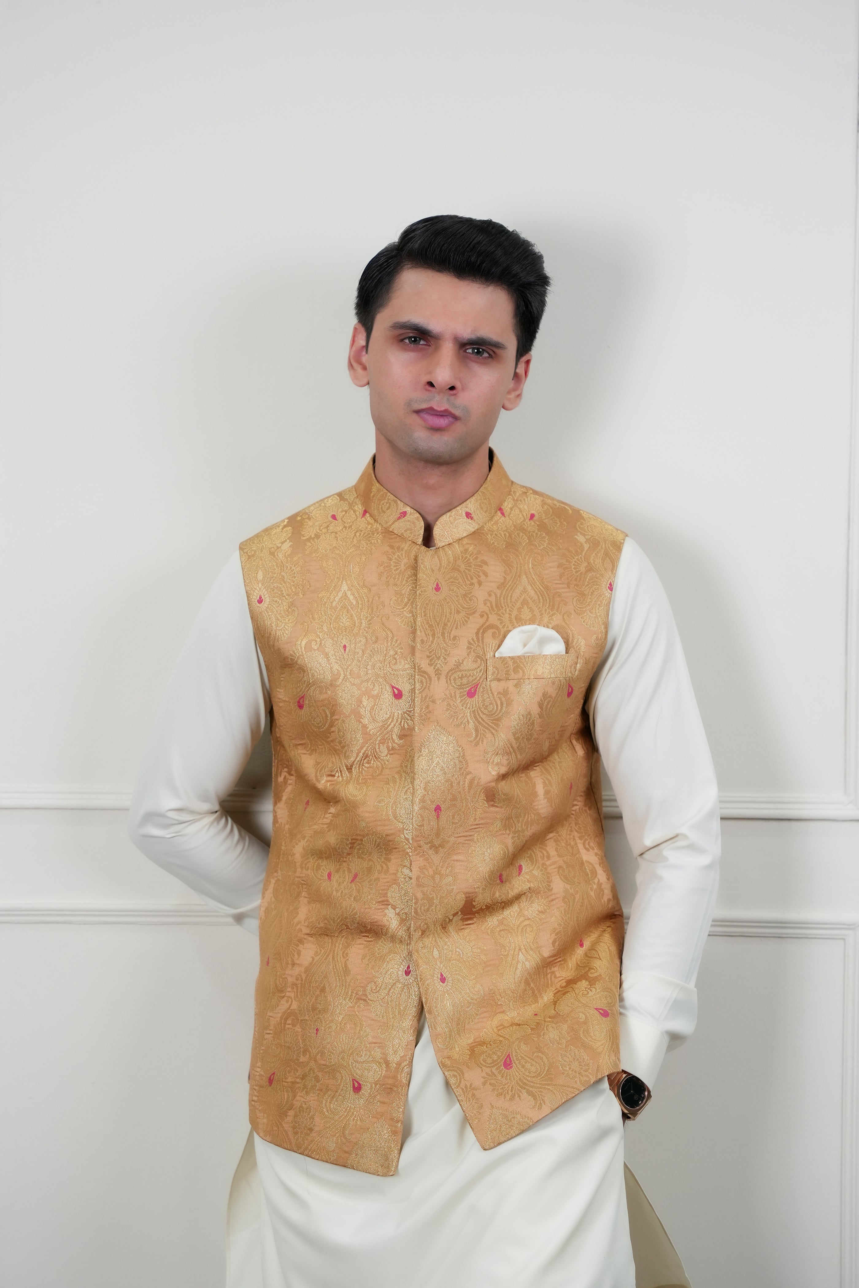 Beige Zari Jamawar Waistcoat Kurta Pajama (3-Piece) - Image 6