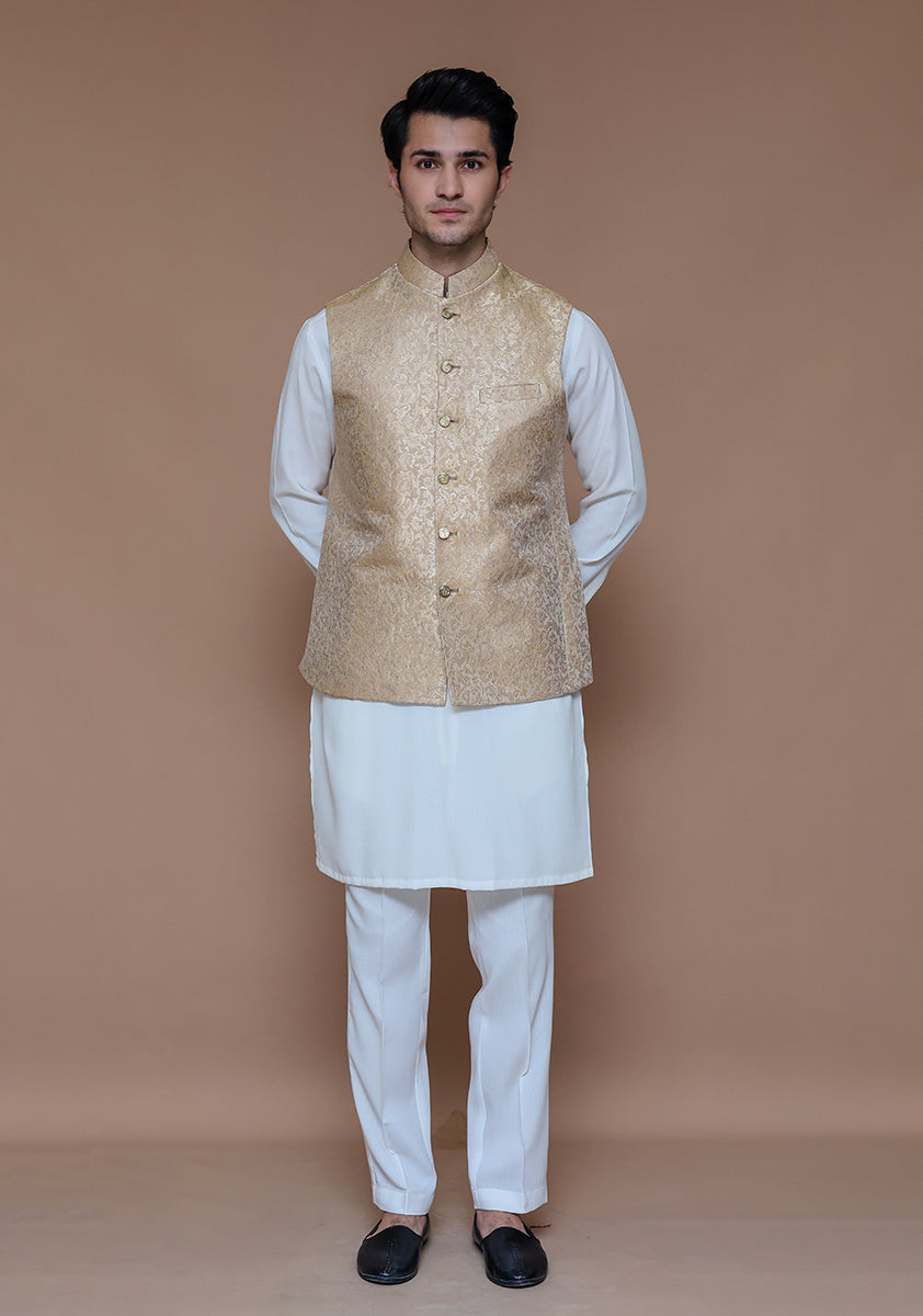 Almond Buff Zari Karandi Waistcoat (3-Piece) - Image 1