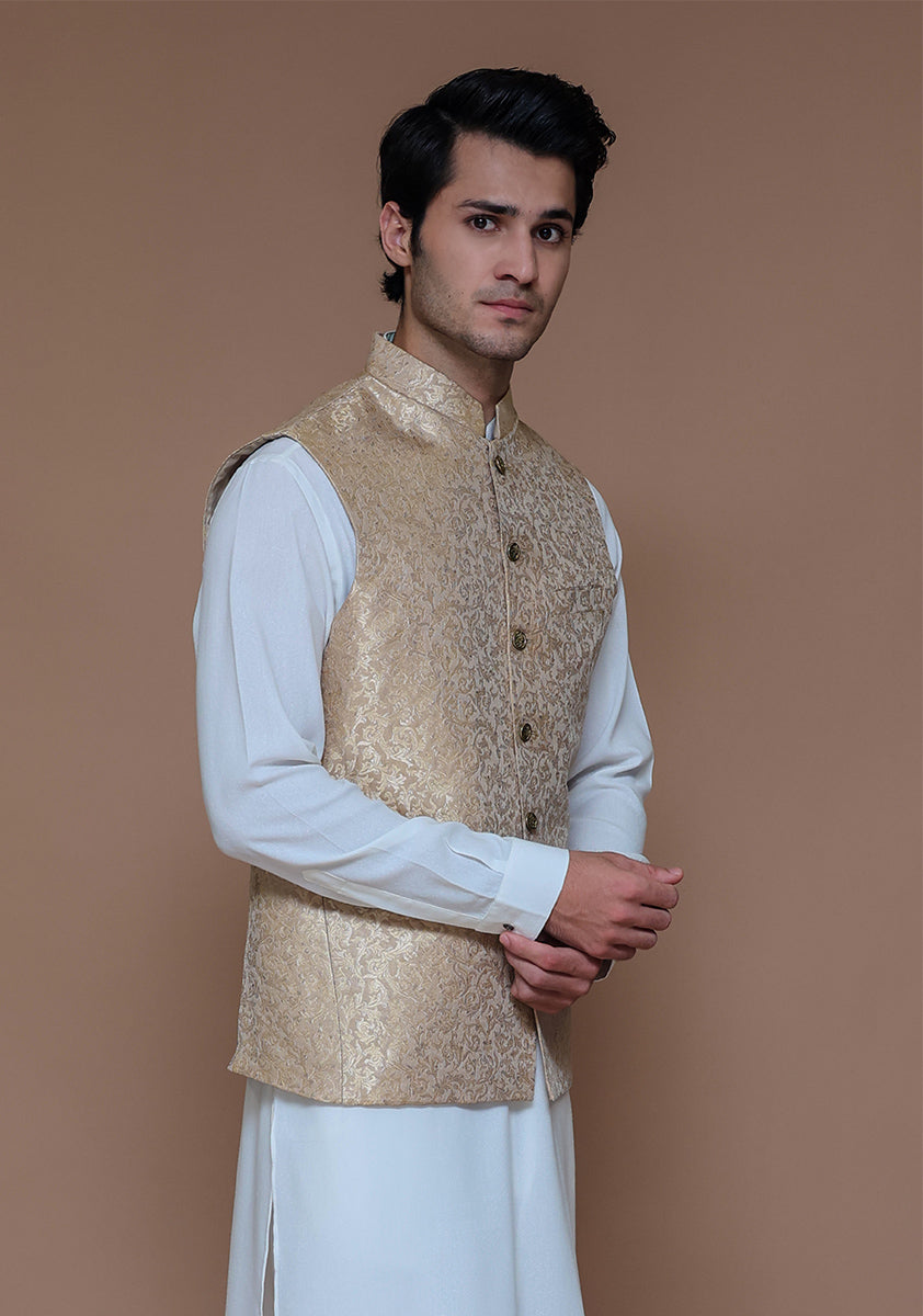 Almond Buff Zari Karandi Waistcoat (3-Piece) - Image 3