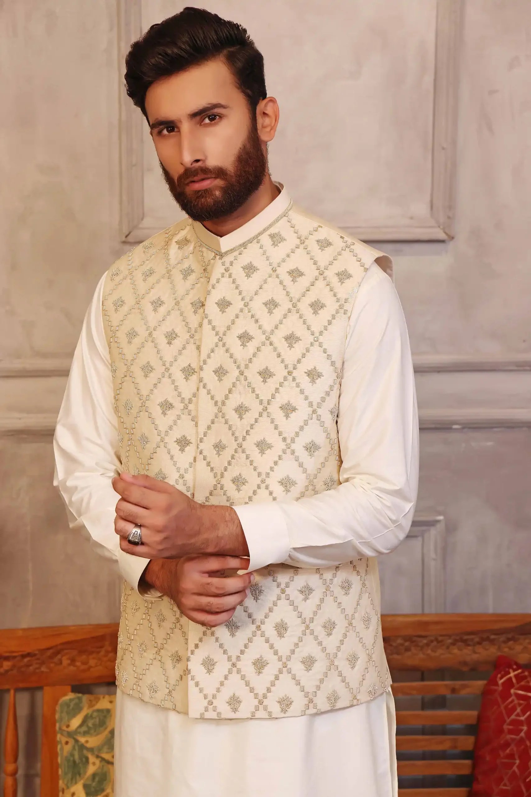 Beige Embroidered Silk-Blend Waistcoat (3-Piece) - Image 1
