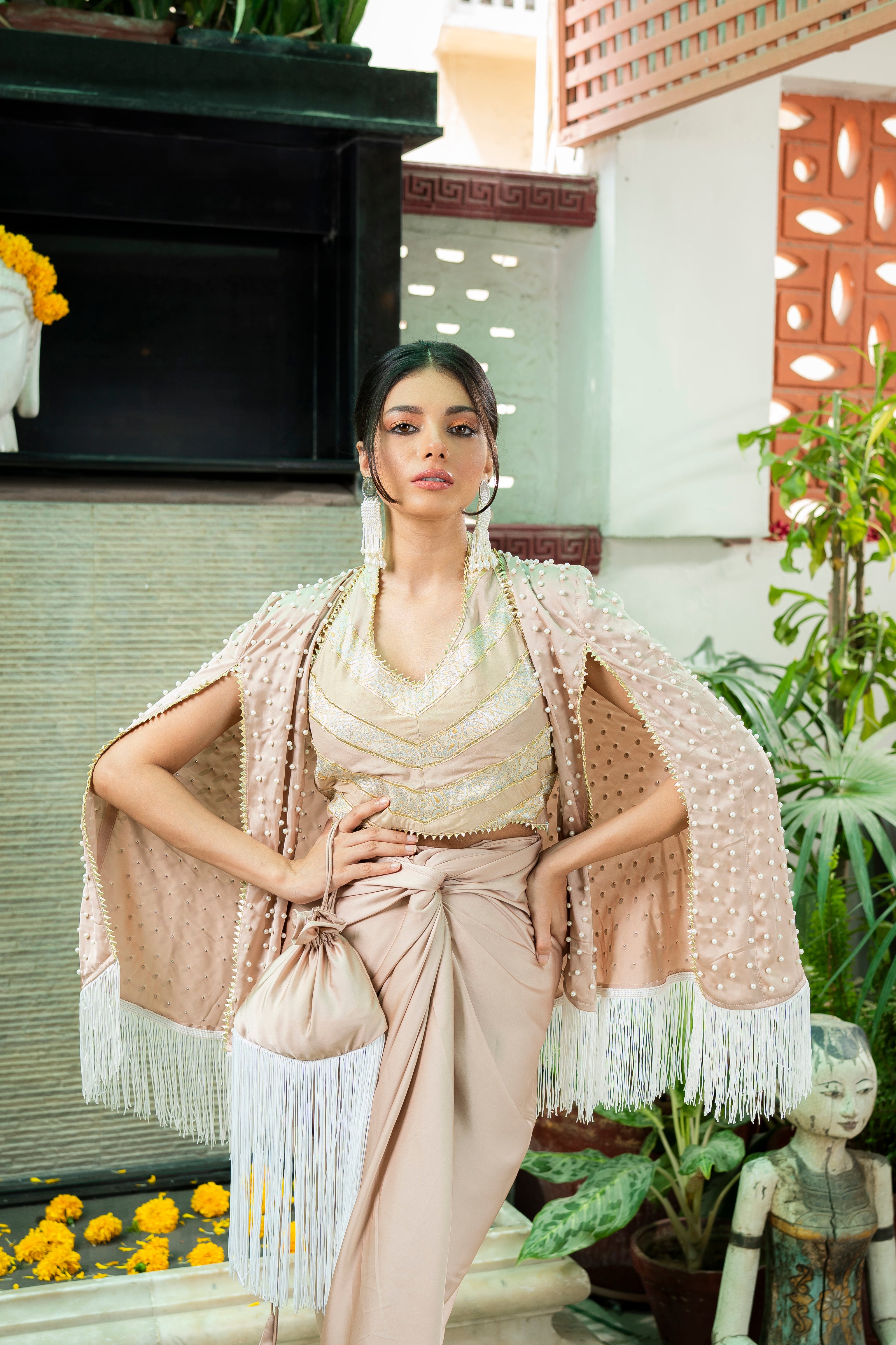 Vanilla Pearl-Embellished Silk Cape Dress (3-Piece) - Image 1