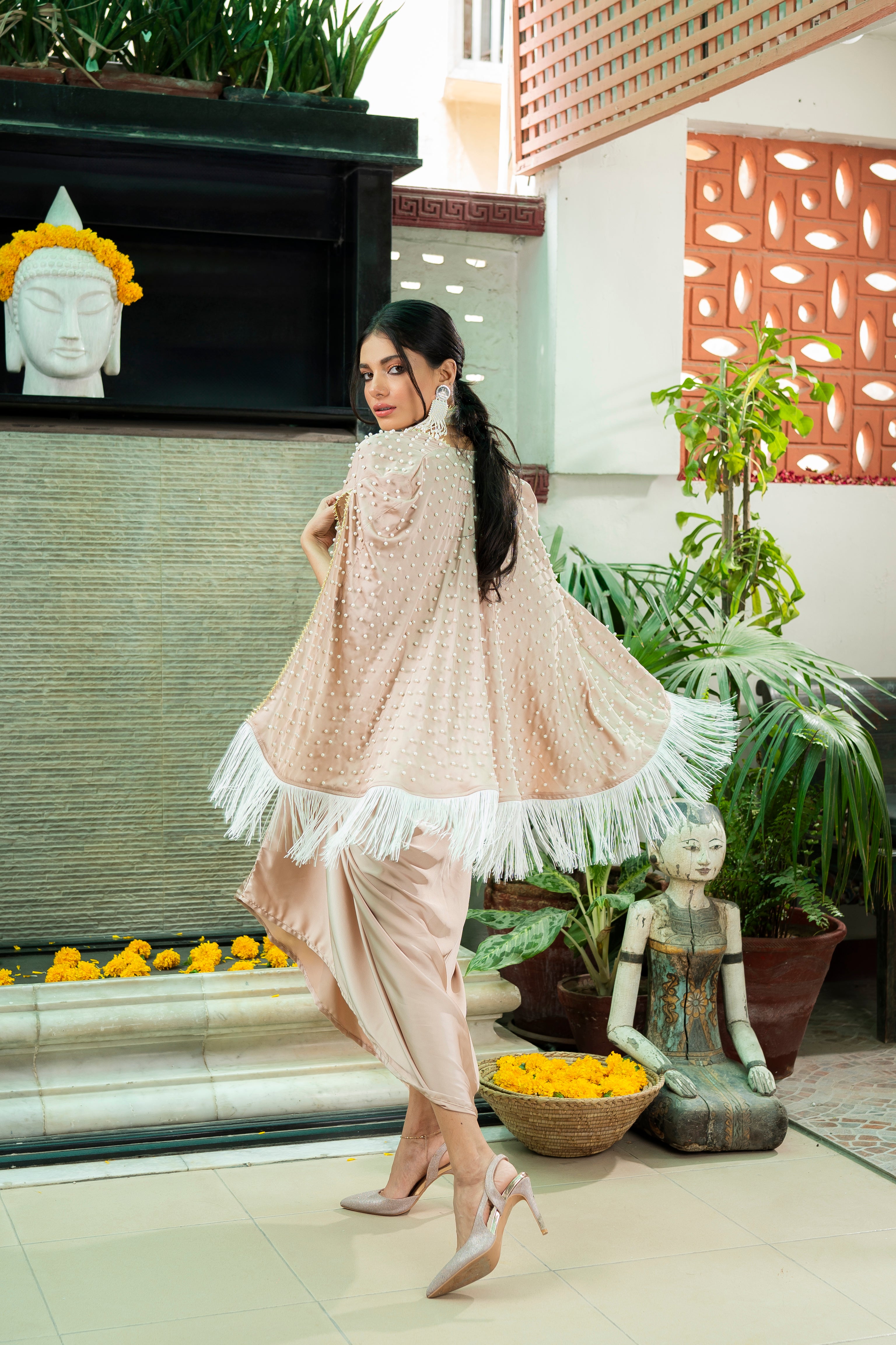 Vanilla Pearl-Embellished Silk Cape Dress (3-Piece) - Image 2