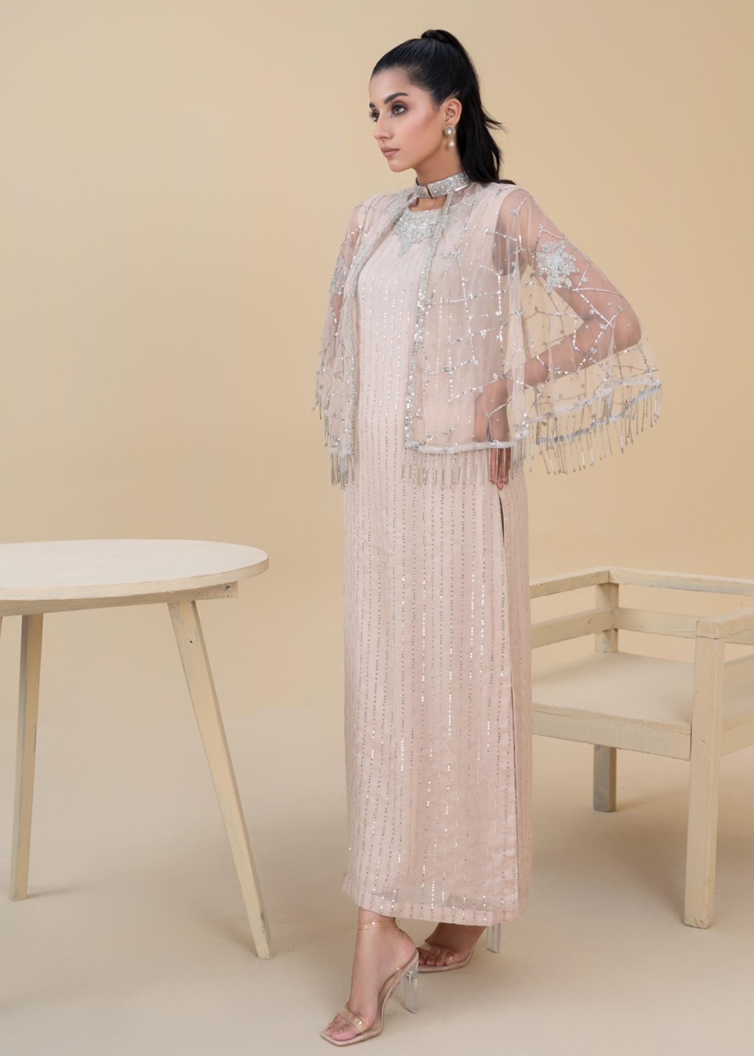 Beige Embroidered Chiffon Kurta Set (3-Piece) - Image 2