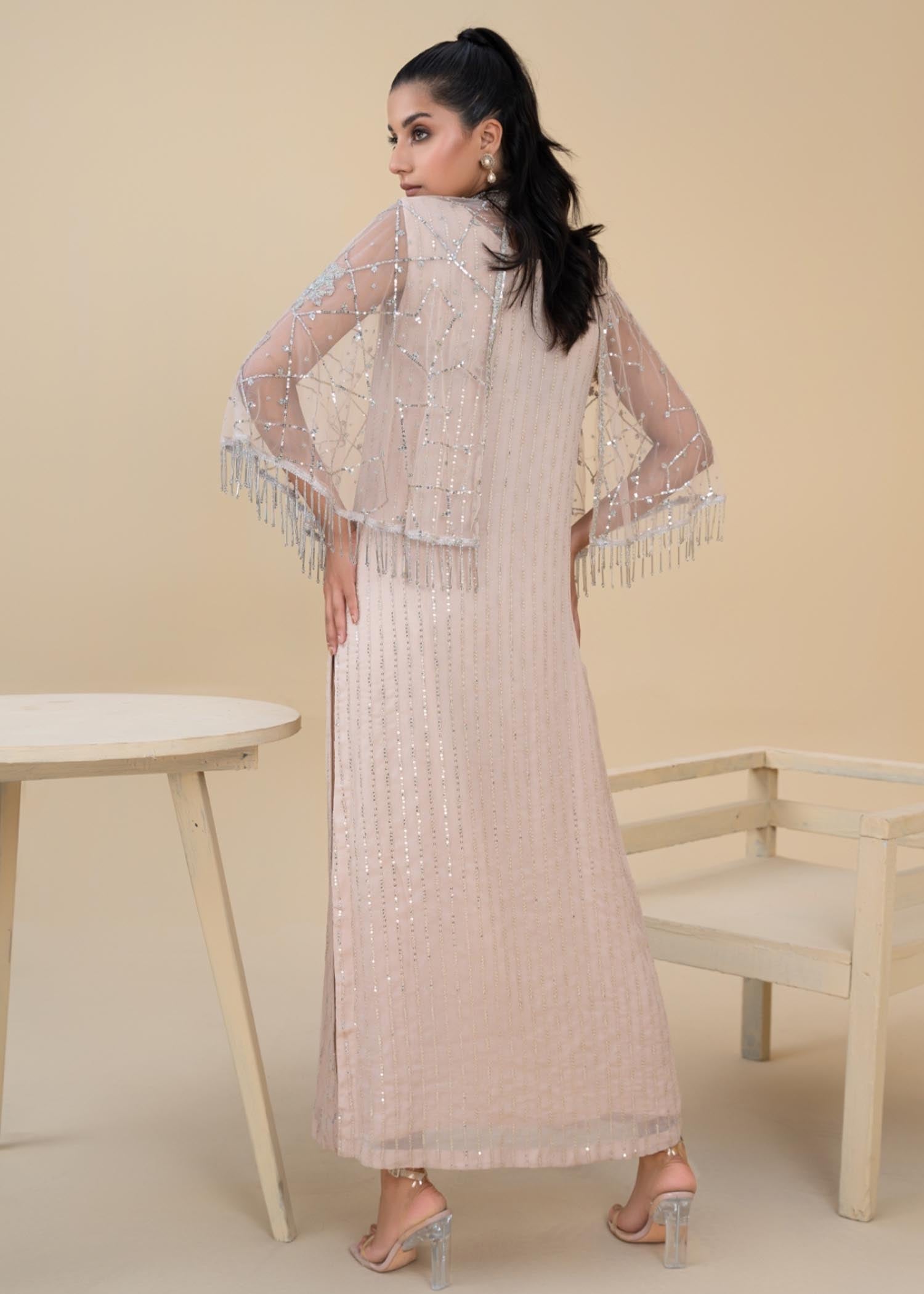Beige Embroidered Chiffon Kurta Set (3-Piece) - Image 4