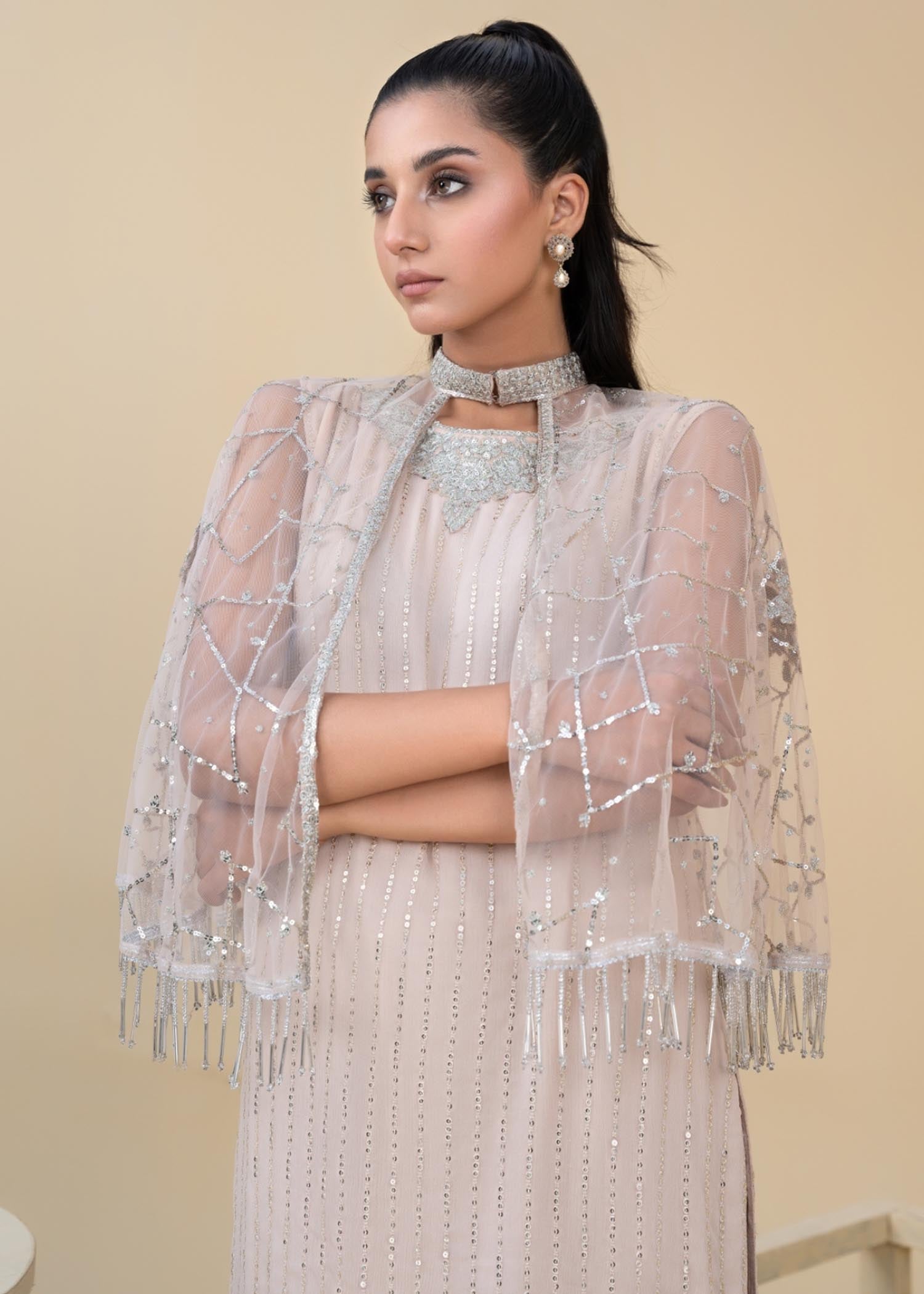 Beige Embroidered Chiffon Kurta Set (3-Piece) - Image 6