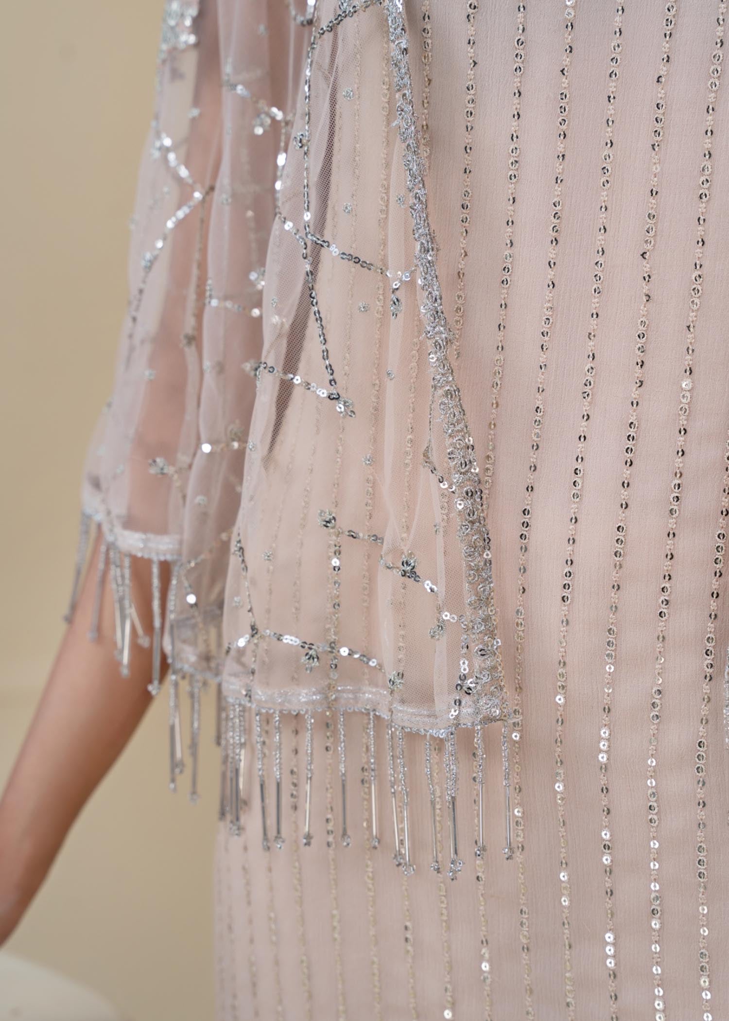 Beige Embroidered Chiffon Kurta Set (3-Piece) - Image 7