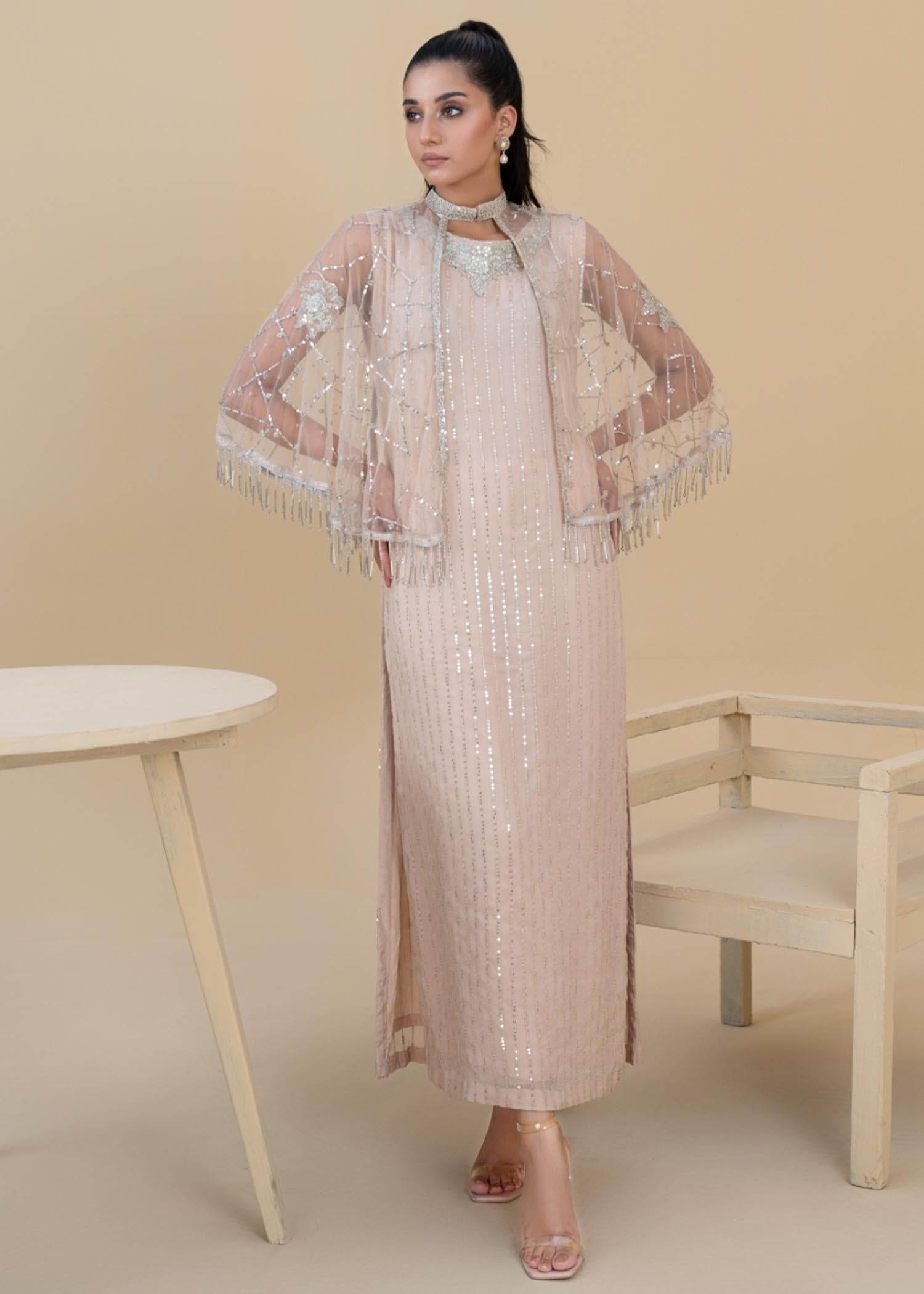 Beige Embroidered Chiffon Kurta Set (3-Piece) - Image 8