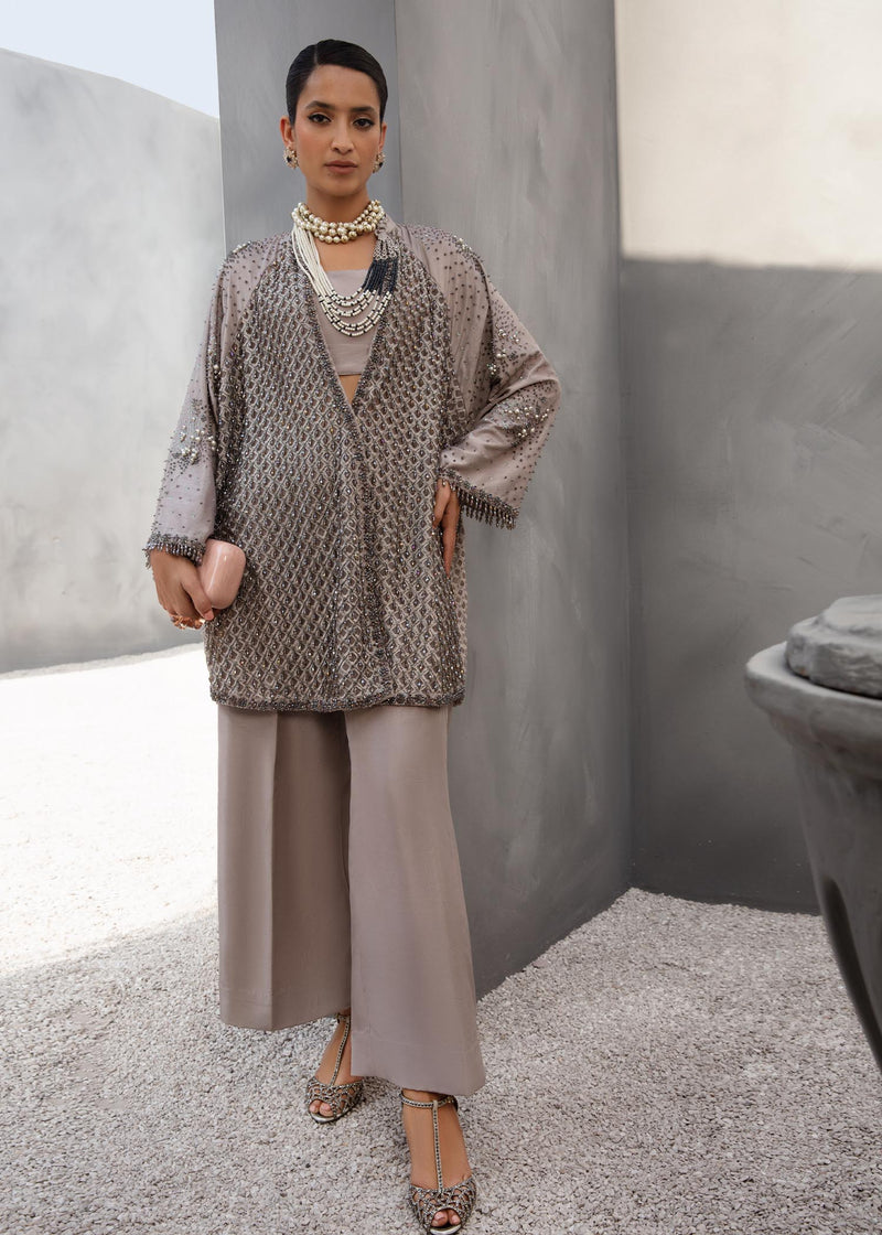 Pakistani Taupe Embroidered Raw Silk Cape with Pants (2-Piece) - Image 1