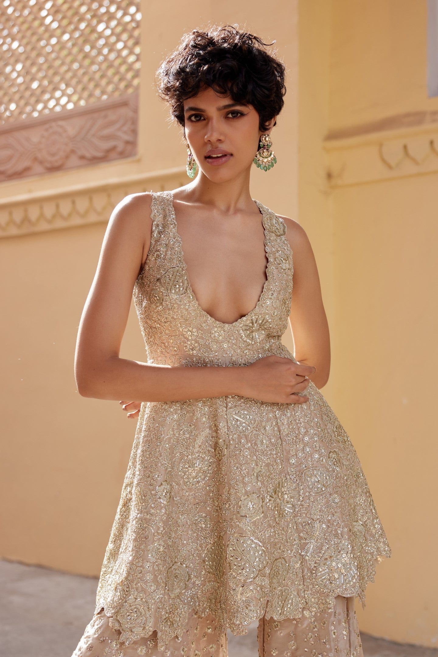 Indian Beige Champagne Embroidered Tissue Silk Co-ord Set (2-Piece) - Image 2