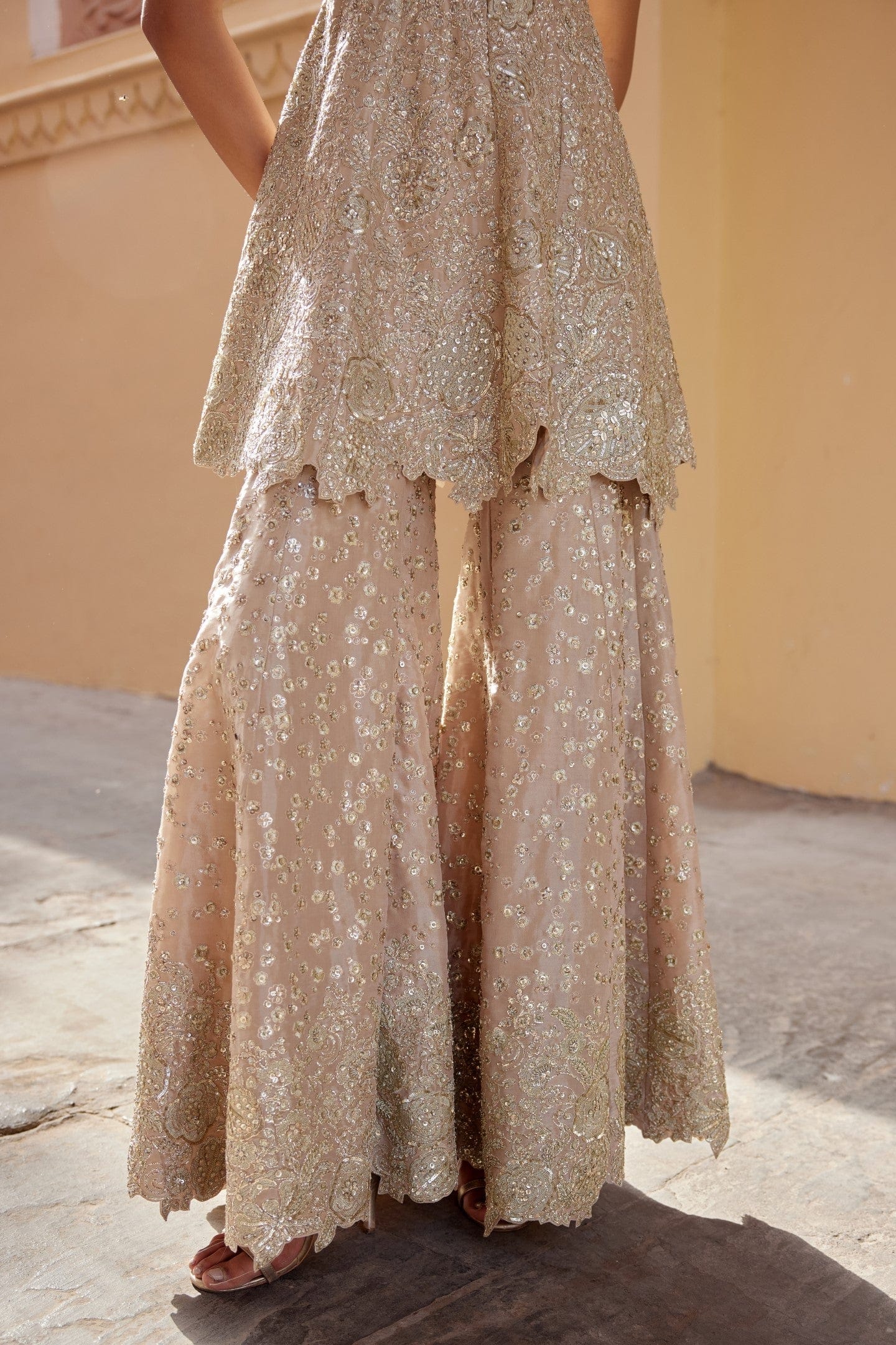 Indian Beige Champagne Embroidered Tissue Silk Co-ord Set (2-Piece) - Image 5