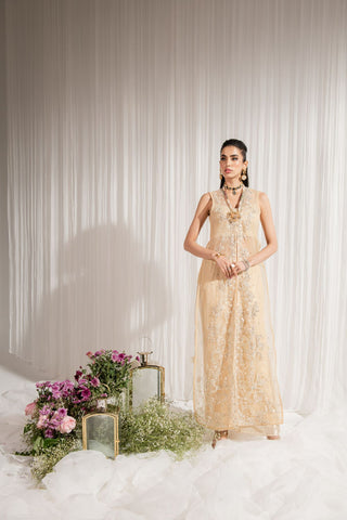 Pakistani Coral Beige Hand-Embellished Organza & Net Coat Set (3-Piece) - Image 2
