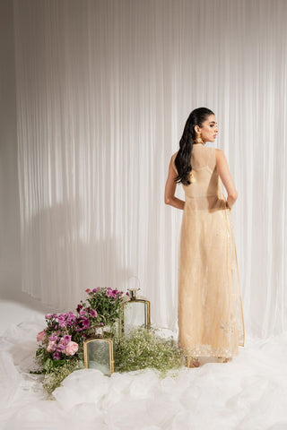 Pakistani Coral Beige Hand-Embellished Organza & Net Coat Set (3-Piece) - Image 3