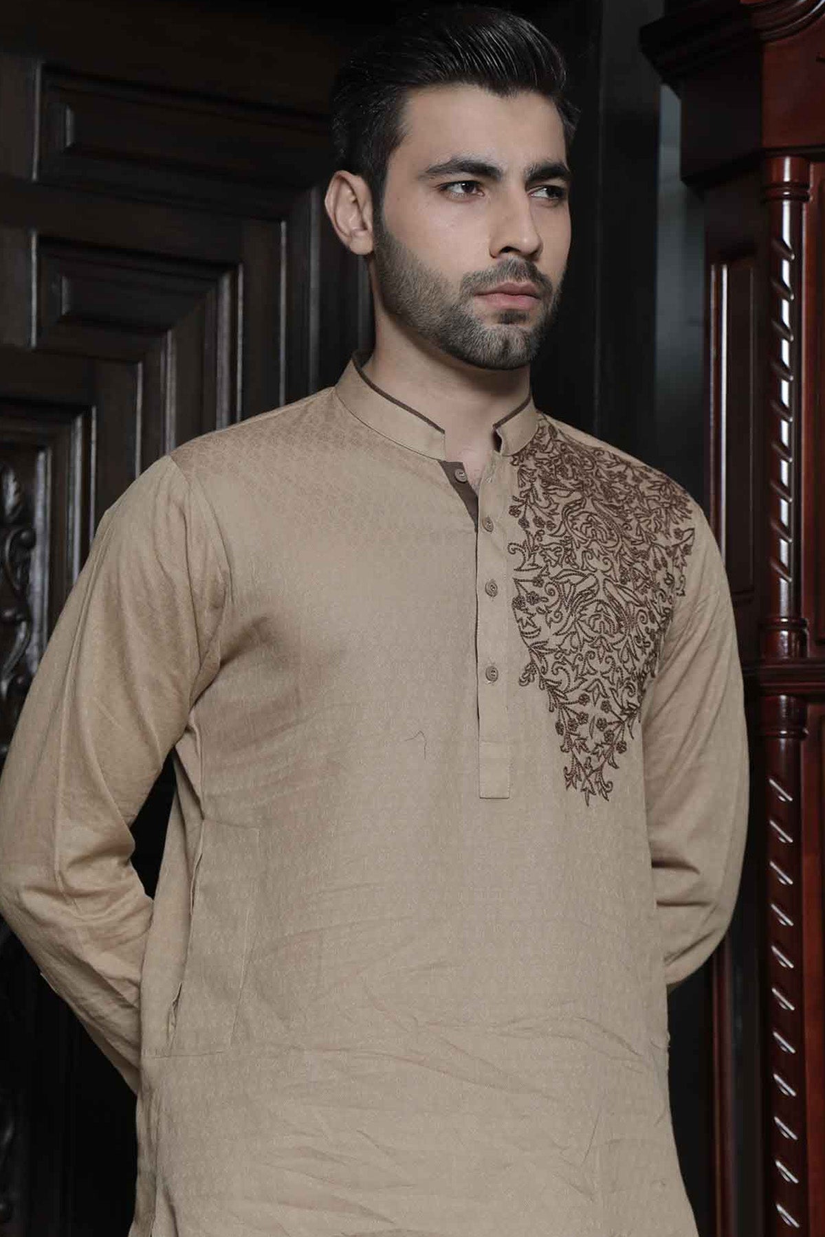 Beige Embroidered Cotton Kurta Set (2-Piece) - Image 2