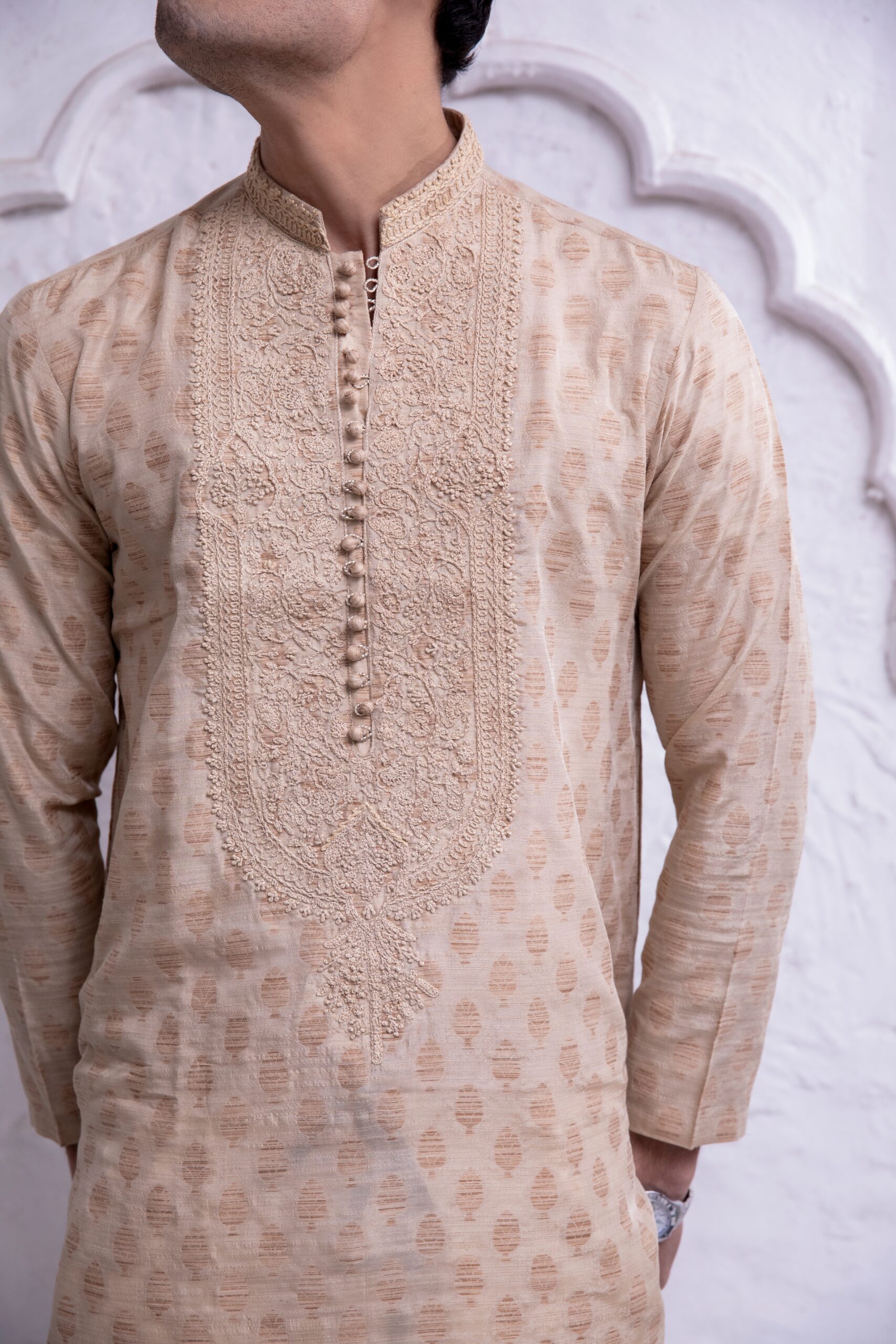 Beige Anchor Embroidered Karandi Kurta (2-Piece) - Image 2