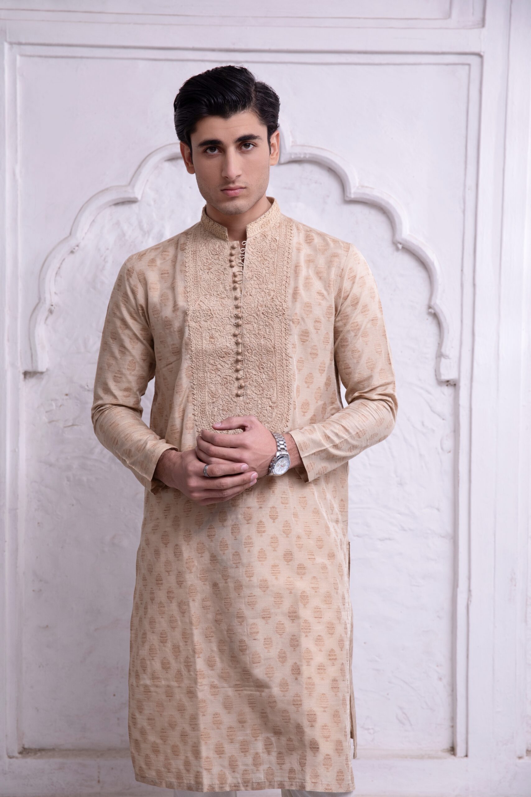 Beige Anchor Embroidered Karandi Kurta (2-Piece) - Image 3