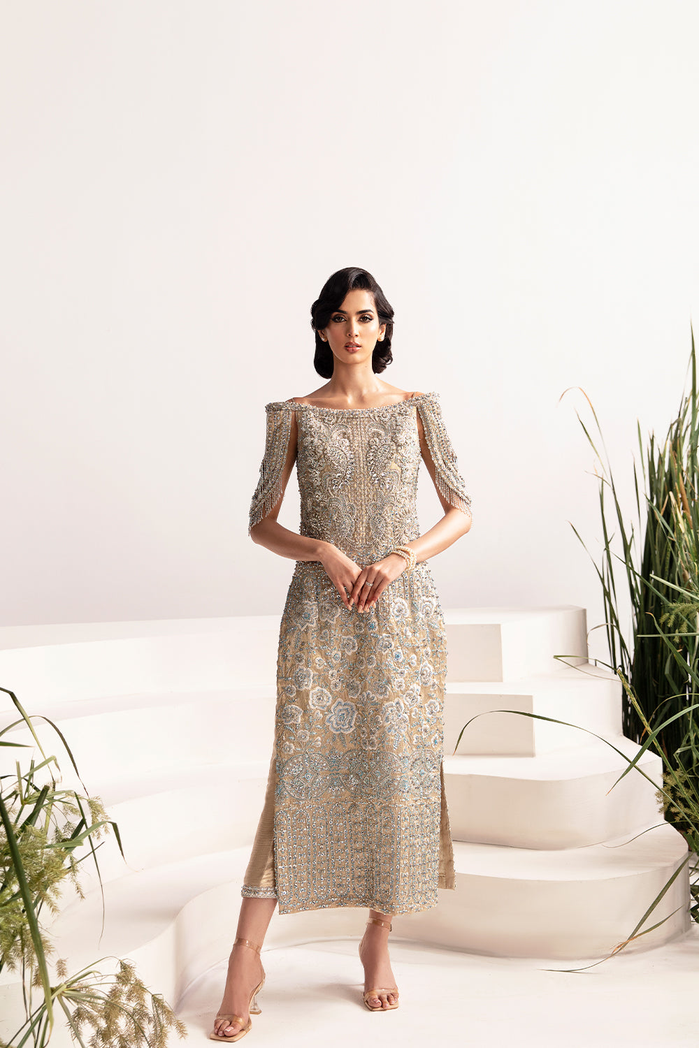 Pakistani Beige Embellished Pure Raw Silk Cocktail Dress (1-Pc) - Image 1