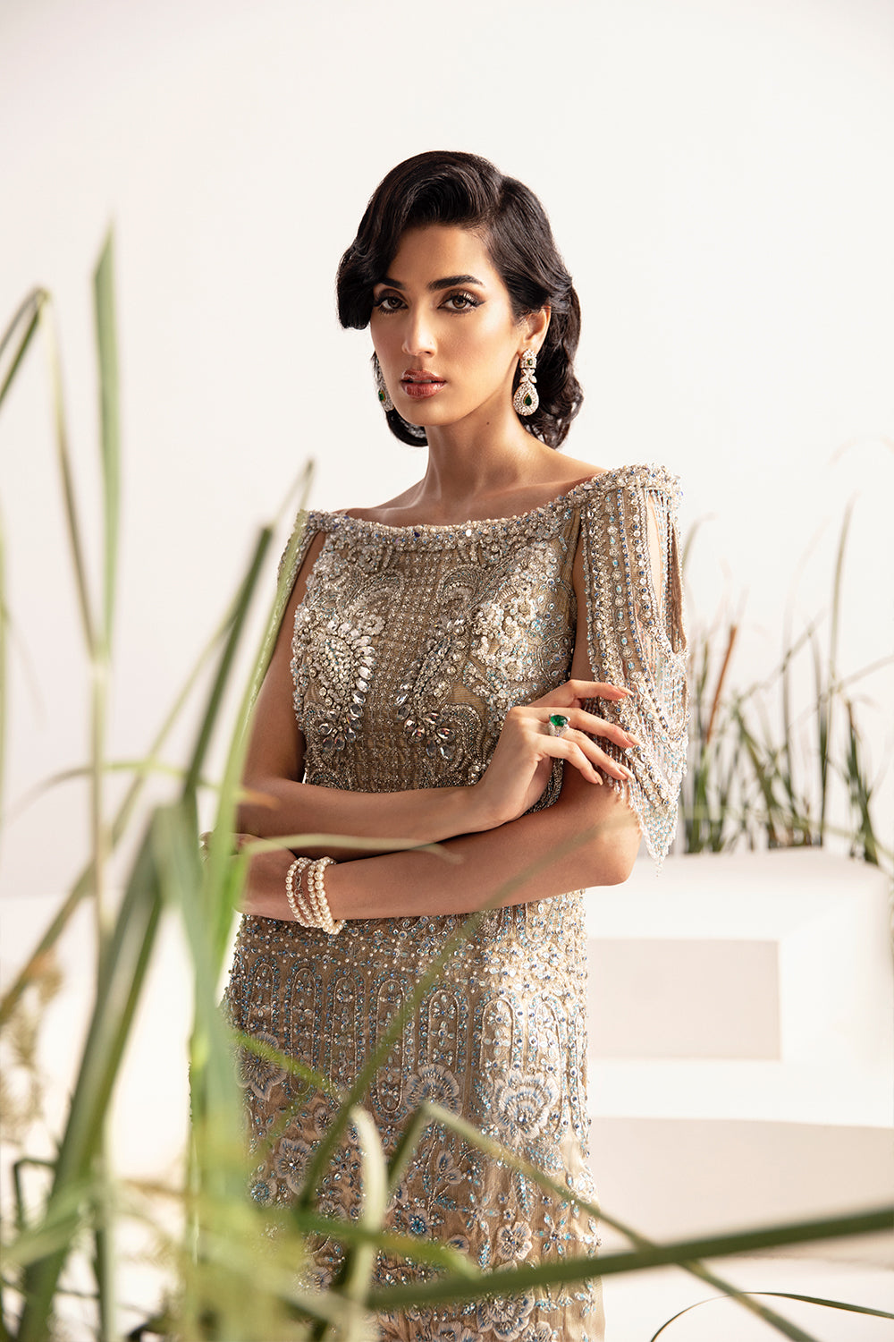 Pakistani Beige Embellished Pure Raw Silk Cocktail Dress (1-Pc) - Image 3