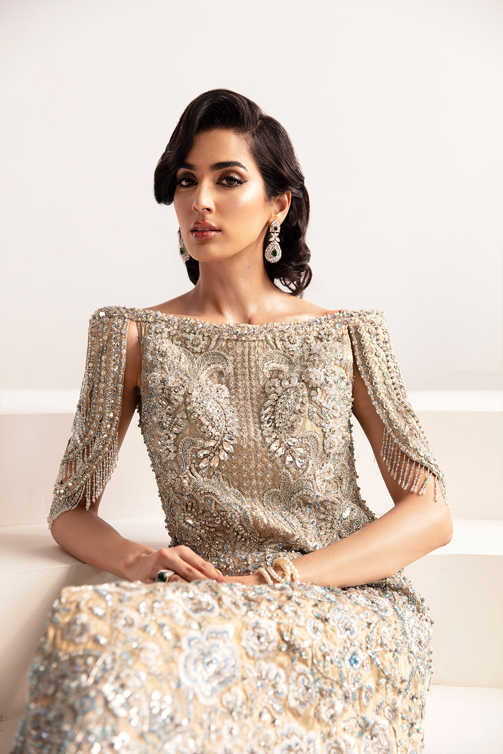 Pakistani Beige Embellished Pure Raw Silk Cocktail Dress (1-Pc) - Image 5