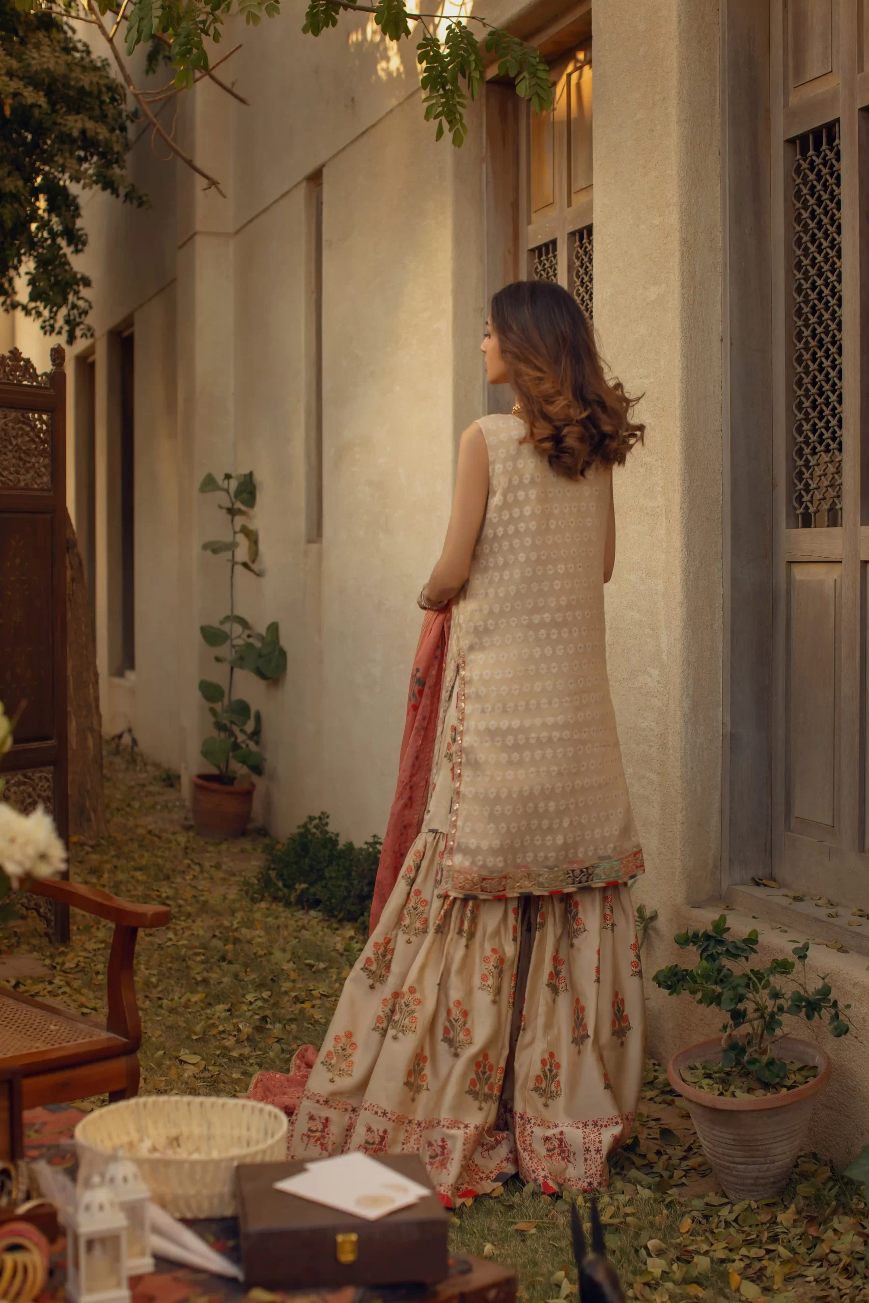 Pakistani Beige Embroidered Cotton Net Long Shirt Gharara (3-Piece) - Image 3