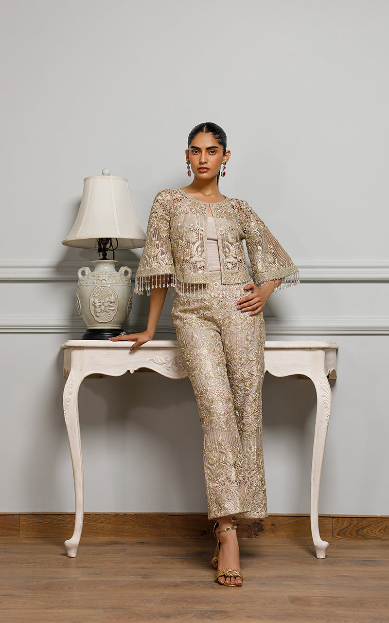 Dusty Beige Embroidered Organza Jacket & Trousers (2-Piece) - Image 1