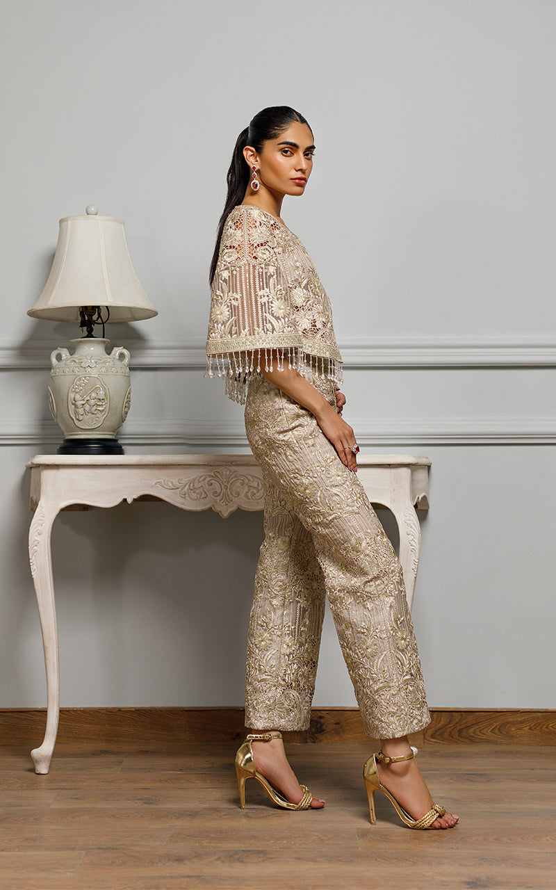 Dusty Beige Embroidered Organza Jacket & Trousers (2-Piece) - Image 2