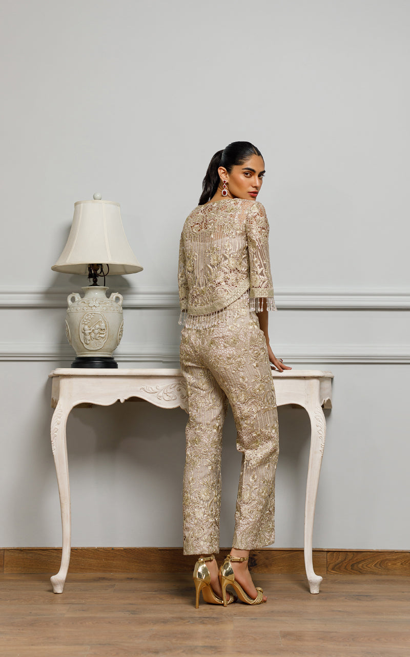 Dusty Beige Embroidered Organza Jacket & Trousers (2-Piece) - Image 3