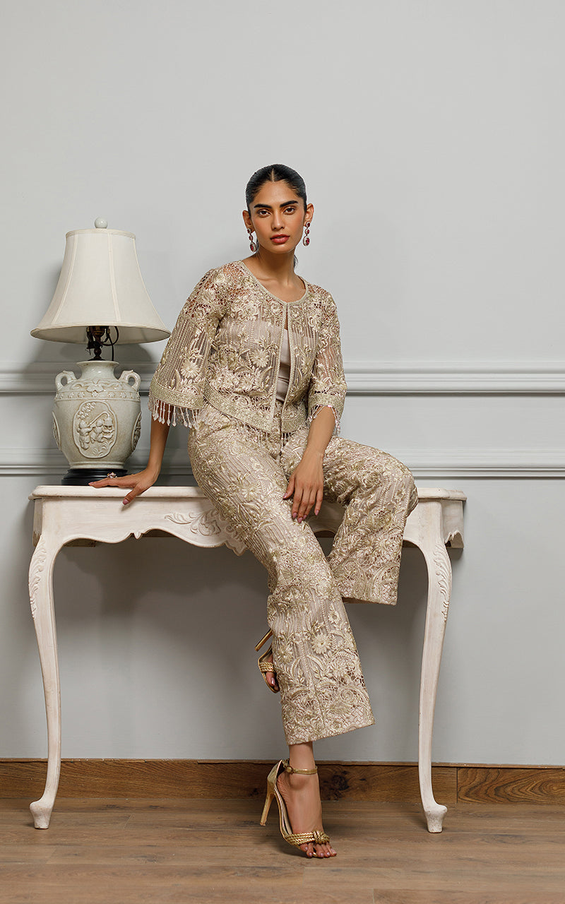 Dusty Beige Embroidered Organza Jacket & Trousers (2-Piece) - Image 4