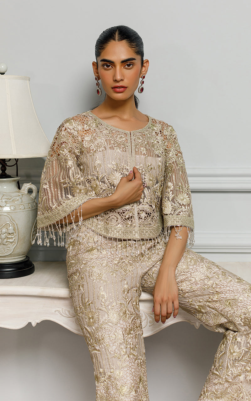 Dusty Beige Embroidered Organza Jacket & Trousers (2-Piece) - Image 5