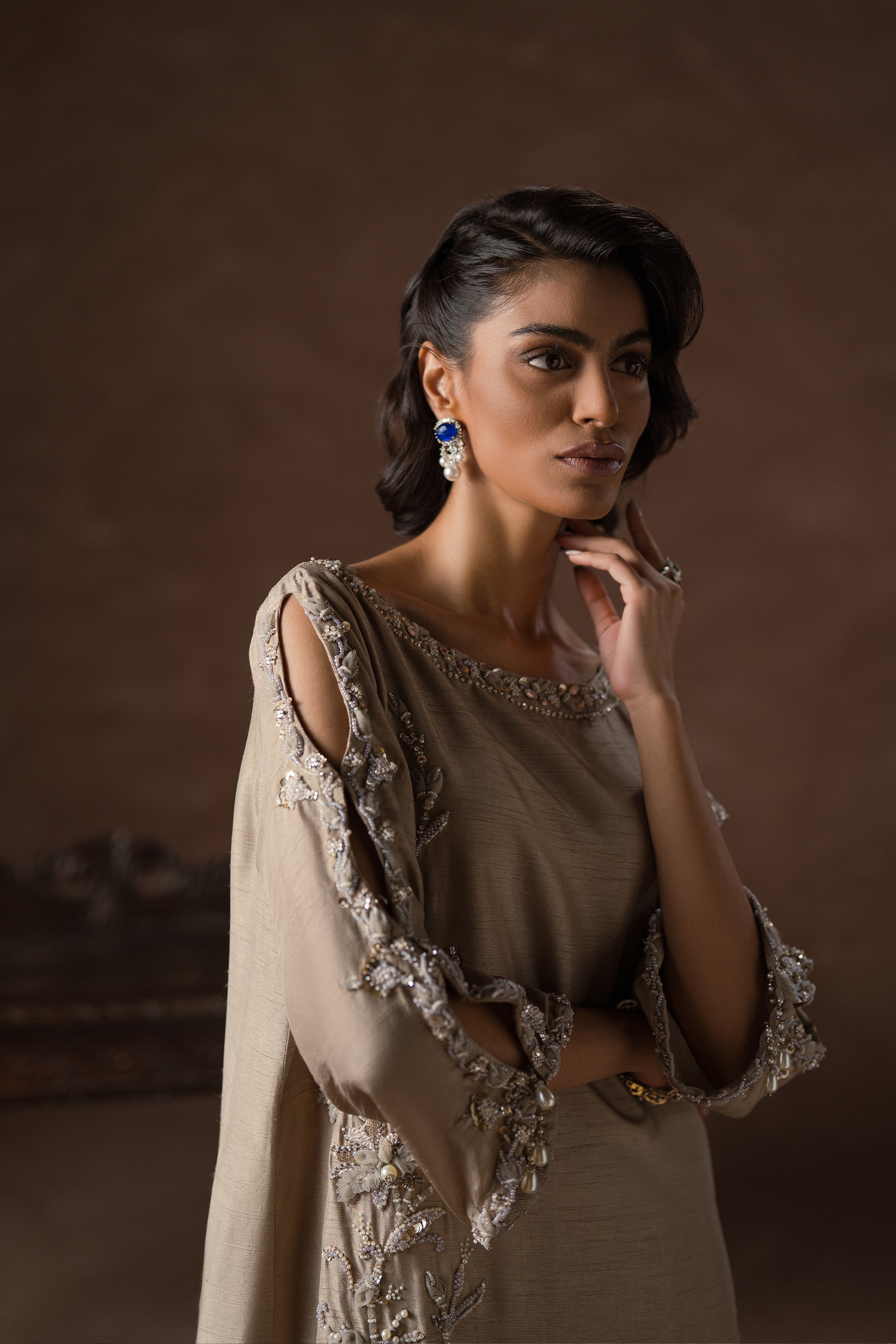 Greige Hand-Embellished Blended Silk Kaftan (3-Piece) - Image 3