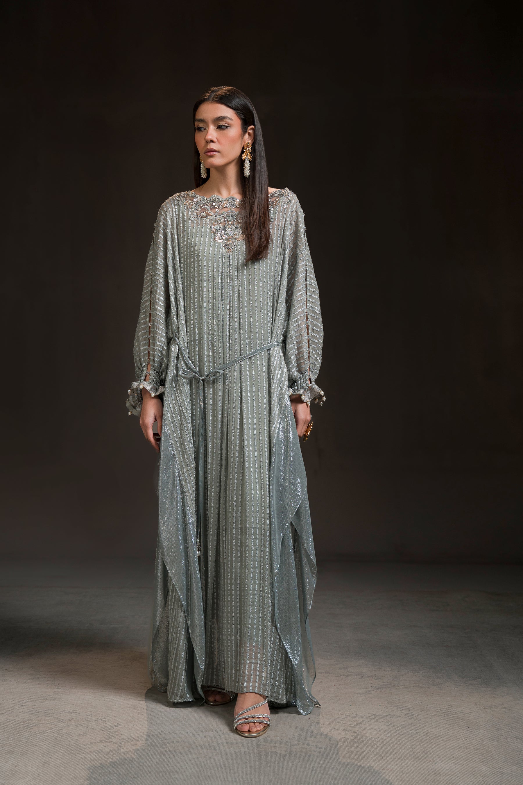 Pakistani Greige Hand-Embellished Chiffon Kaftan (3-Piece) - Image 1