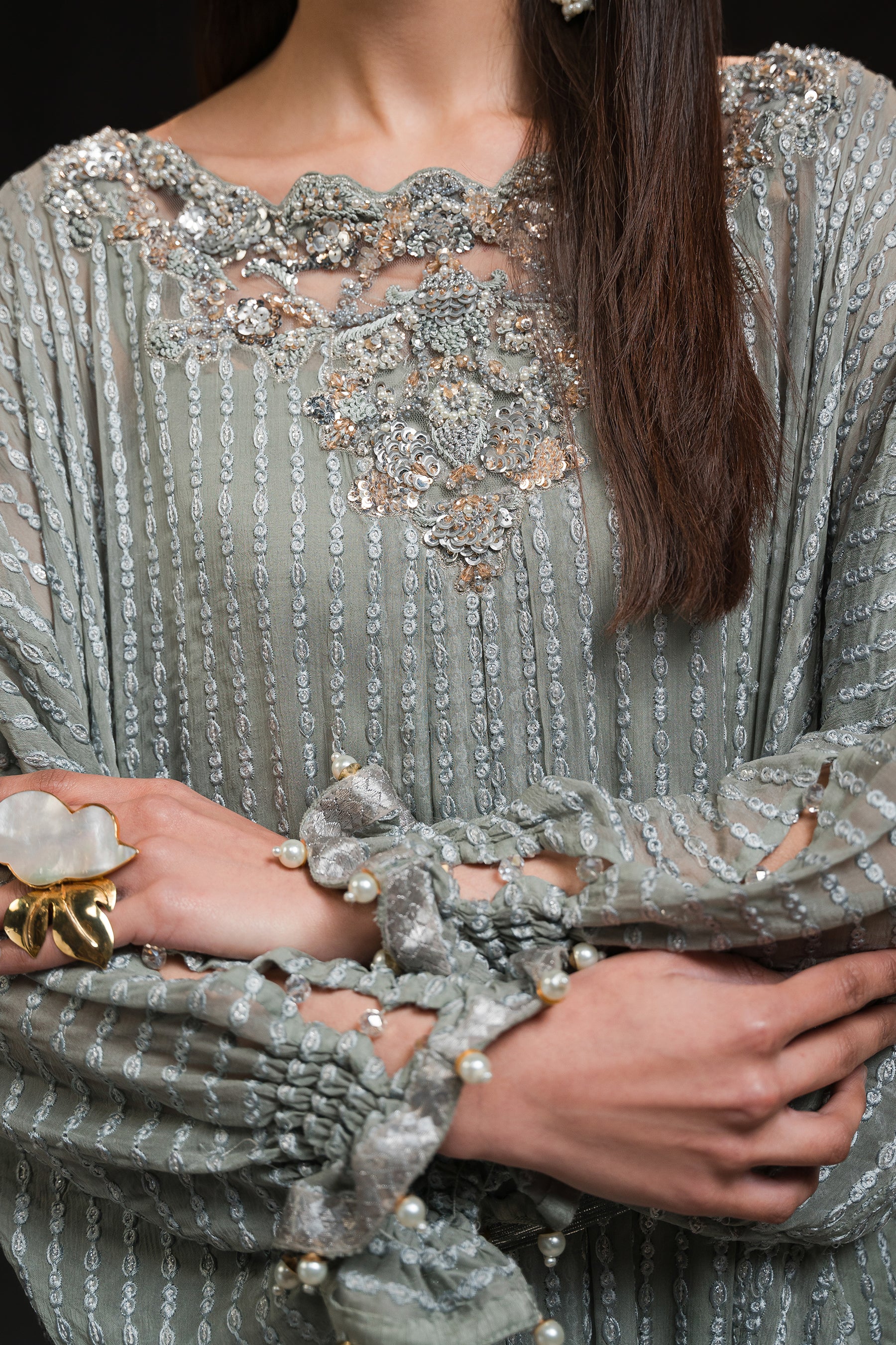 Pakistani Greige Hand-Embellished Chiffon Kaftan (3-Piece) - Image 2