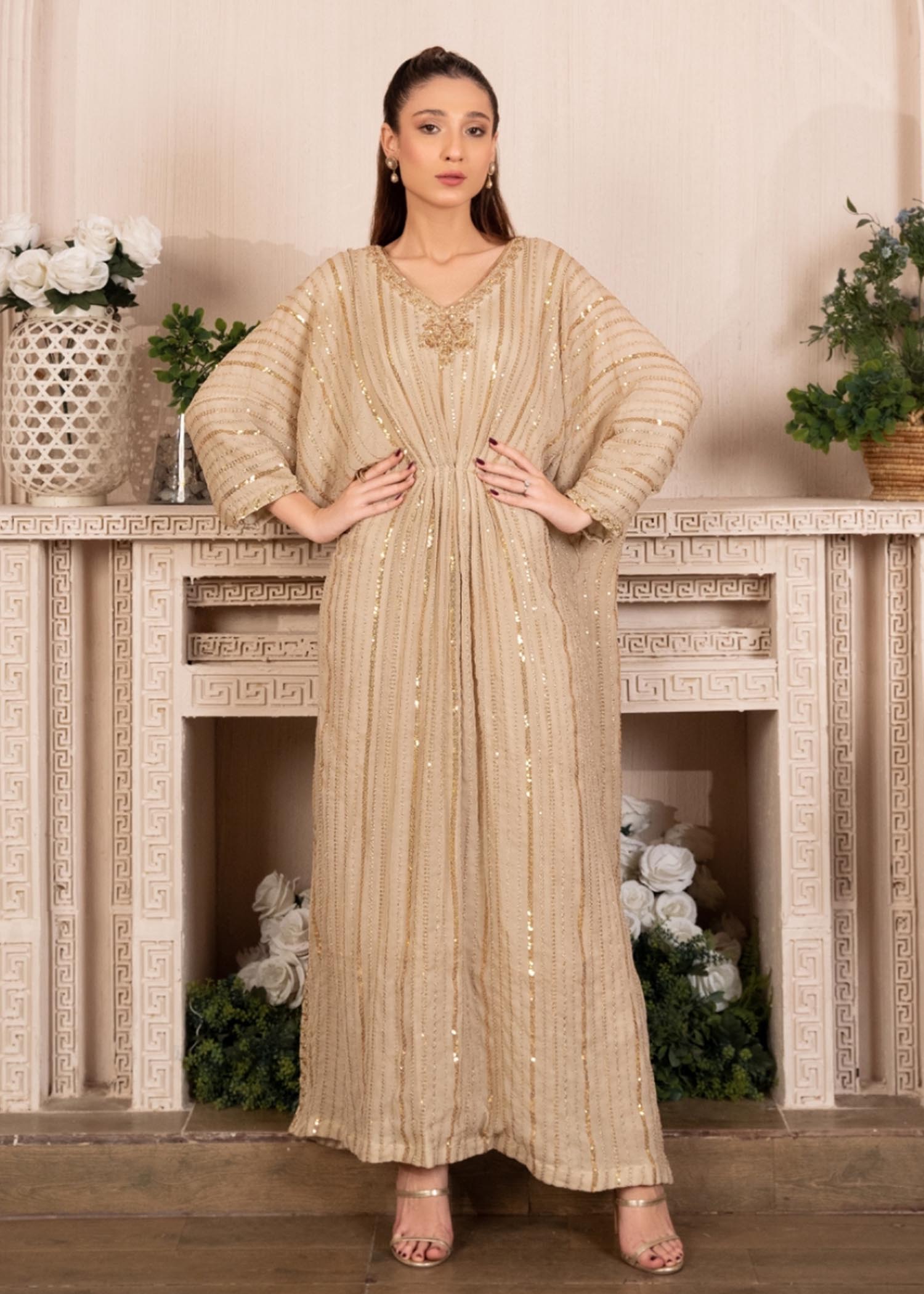 Pakistani Beige Embroidered Chiffon Kaftan (1-Pc) - Image 1