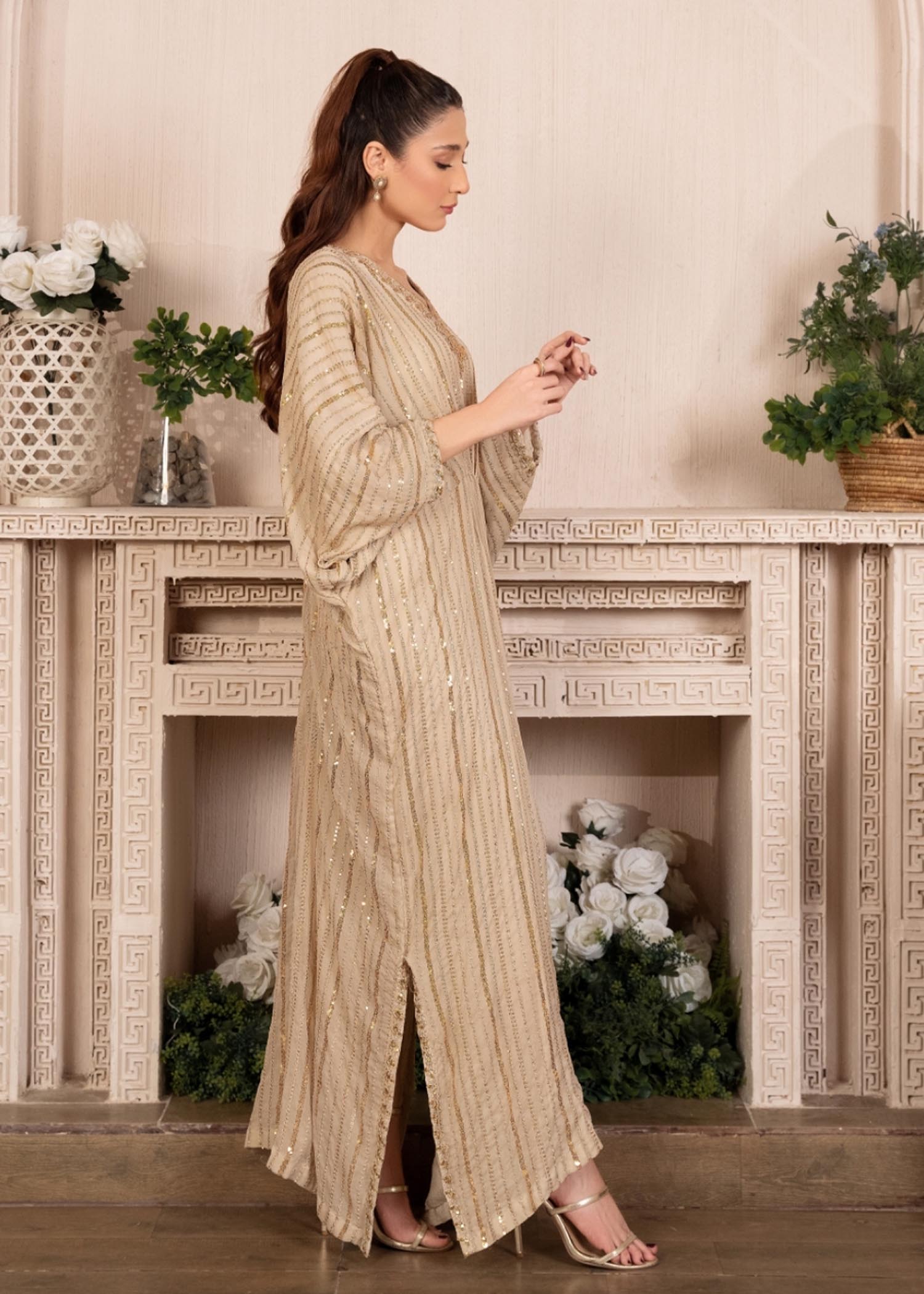 Pakistani Beige Embroidered Chiffon Kaftan (1-Pc) - Image 2