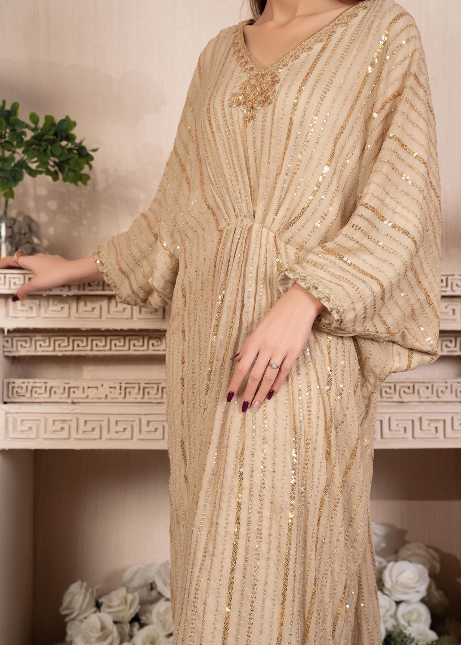 Pakistani Beige Embroidered Chiffon Kaftan (1-Pc) - Image 5