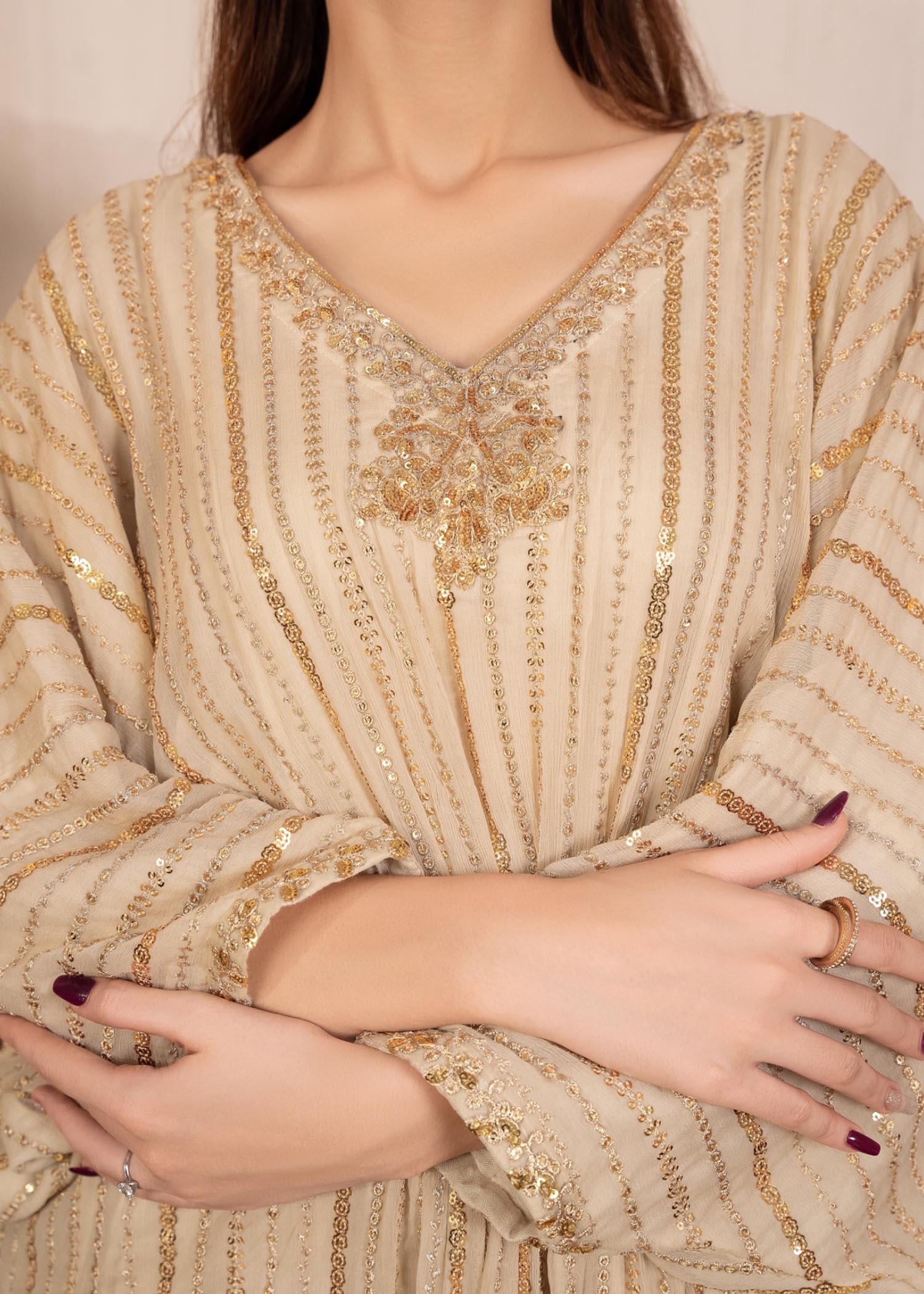 Pakistani Beige Embroidered Chiffon Kaftan (1-Pc) - Image 6