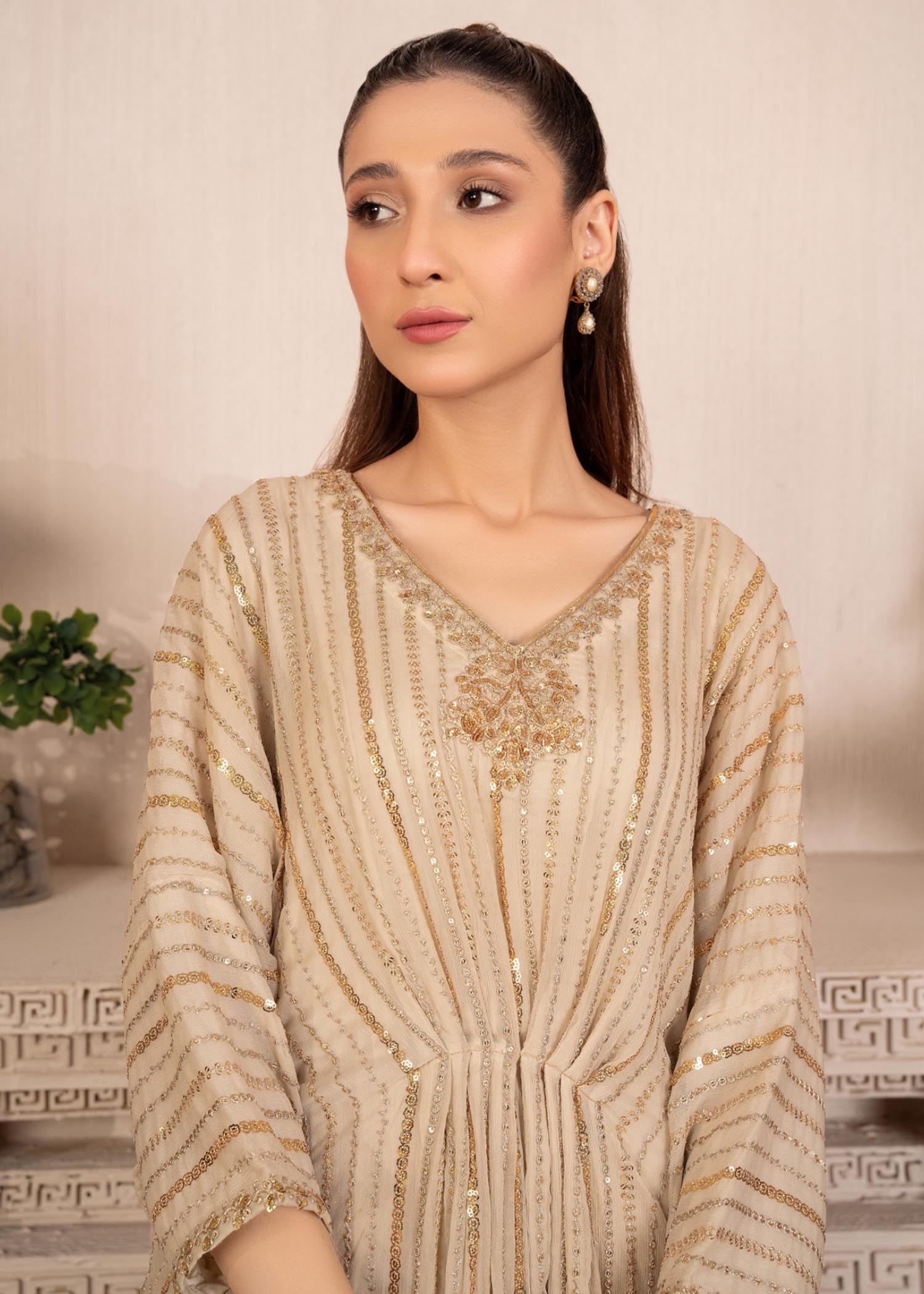 Pakistani Beige Embroidered Chiffon Kaftan (1-Pc) - Image 7