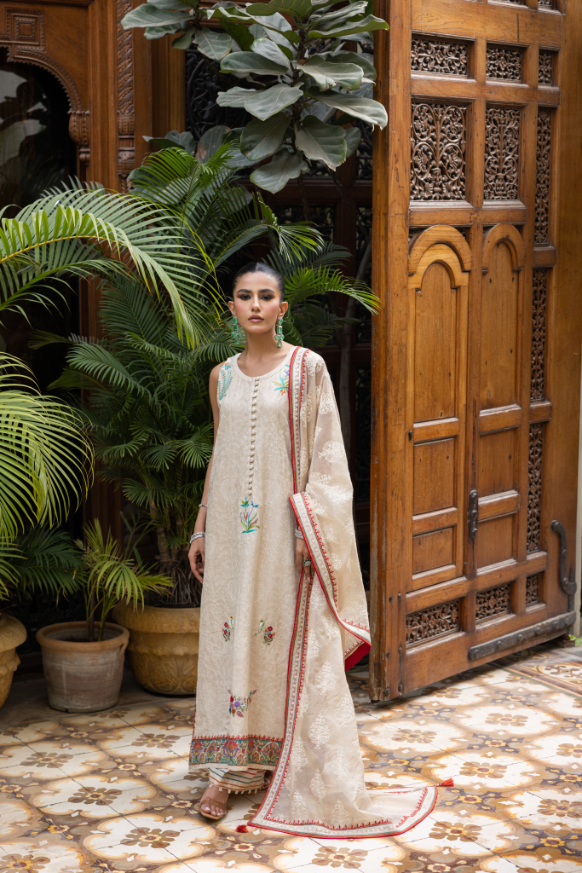 Beige Embroidered Cotton Net Kaftan Set (3-Piece) - Image 1